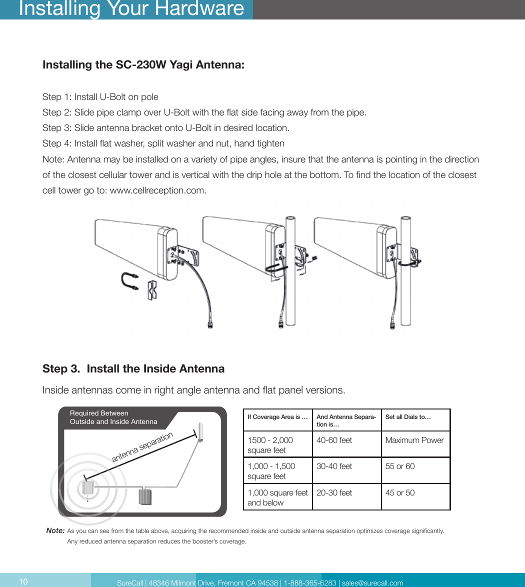 10Step 3.  Install the Inside Antenna Inside antennas come in right angle antenna and at panel versions. Installing Your HardwareNote:  As you can see from the table above, acquiring the recommended inside and outside antenna separation optimizes coverage signicantly. Any reduced antenna separation reduces the booster’s coverage.Installing the SC-230W Yagi Antenna:Step 1: Install U-Bolt on poleStep 2: Slide pipe clamp over U-Bolt with the at side facing away from the pipe.Step 3: Slide antenna bracket onto U-Bolt in desired location.Step 4: Install at washer, split washer and nut, hand tightenNote: Antenna may be installed on a variety of pipe angles, insure that the antenna is pointing in the direction of the closest cellular tower and is vertical with the drip hole at the bottom. To nd the location of the closest cell tower go to: www.cellreception.com. Required Between Outside and Inside Antennaantenna separationIf Coverage Area is … And Antenna Separa-tion is…Set all Dials to…1500 - 2,000 square feet40-60 feet Maximum Power1,000 - 1,500 square feet30-40 feet 55 or 601,000 square feet and below20-30 feet 45 or 50SureCall | 48346 Milmont Drive, Fremont CA 94538 | 1-888-365-6283 | sales@surecall.com10