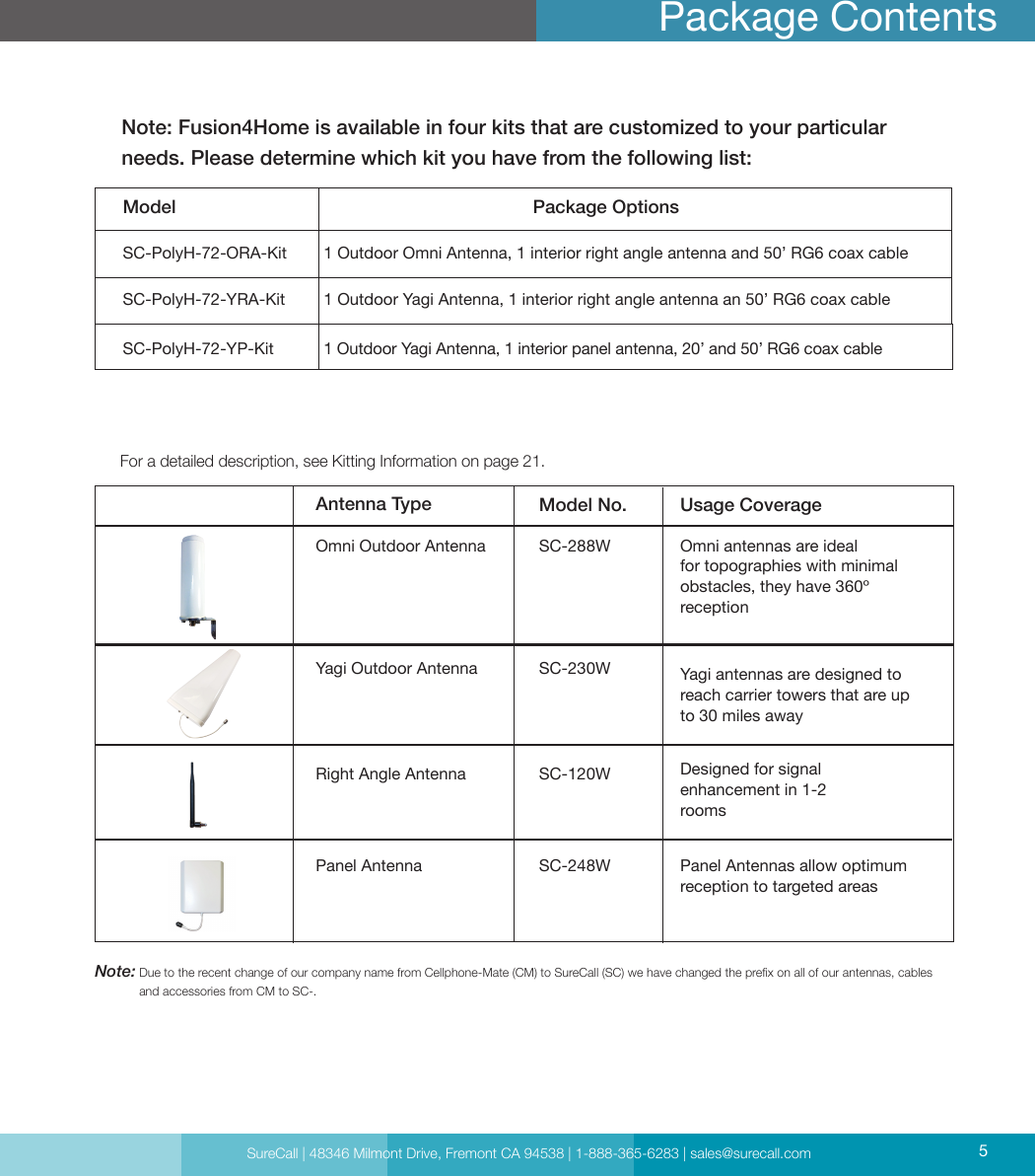 SureCall | 48346 Milmont Drive, Fremont CA 94538 | 1-888-365-6283 | sales@surecall.com 5Note: Fusion4Home is available in four kits that are customized to your particular needs. Please determine which kit you have from the following list:Package ContentsModelAntenna TypeSC-PolyH-72-ORA-KitOmni Outdoor AntennaSC-PolyH-72-YRA-KitYagi Outdoor AntennaSC-PolyH-72-YP-KitRight Angle AntennaPanel AntennaPackage OptionsModel No. Usage Coverage1 Outdoor Omni Antenna, 1 interior right angle antenna and 50’ RG6 coax cableSC-288W1 Outdoor Yagi Antenna, 1 interior right angle antenna an 50’ RG6 coax cableSC-230W1 Outdoor Yagi Antenna, 1 interior panel antenna, 20’ and 50’ RG6 coax cableSC-120WFor a detailed description, see Kitting Information on page 21.SC-248WOmni antennas are ideal  for topographies with minimal  obstacles, they have 360º  receptionDesigned for signal enhancement in 1-2roomsYagi antennas are designed to reach carrier towers that are up  to 30 miles awayPanel Antennas allow optimum reception to targeted areasSureCall | 48346 Milmont Drive, Fremont CA 94538 | 1-888-365-6283 | sales@surecall.com 5Note:  Due to the recent change of our company name from Cellphone-Mate (CM) to SureCall (SC) we have changed the prex on all of our antennas, cables and accessories from CM to SC-.