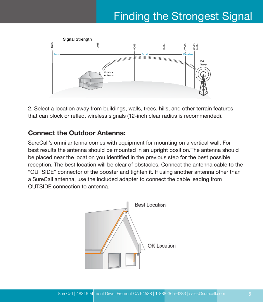 SureCall | 48346 Milmont Dirve, Fremont CA 94538 | 1-888-365-6283 | sales@surecall.com 5Finding the Strongest SignalCell TowerOutside AntennaSignal Strength-50dB-60dB-70dB-80dB-90dB-100dB-110dBExcellentGoodPoor2. Select a location away from buildings, walls, trees, hills, and other terrain features that can block or reect wireless signals (12-inch clear radius is recommended).Connect the Outdoor Antenna:SureCall’s omni antenna comes with equipment for mounting on a vertical wall. For best results the antenna should be mounted in an upright position.The antenna should be placed near the location you identied in the previous step for the best possible reception. The best location will be clear of obstacles. Connect the antenna cable to the “OUTSIDE” connector of the booster and tighten it. If using another antenna other than a SureCall antenna, use the included adapter to connect the cable leading from  OUTSIDE connection to antenna.