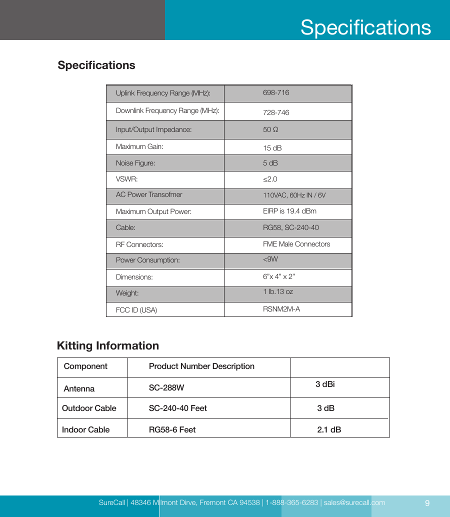 SureCall | 48346 Milmont Dirve, Fremont CA 94538 | 1-888-365-6283 | sales@surecall.com 9Component Product Number DescriptionKitting InformationSpecicationsAntennaOutdoor CableIndoor CableSC-240-40 FeetSC- 288WRG58-6 Feet 2.1 dB3 dB3 dBiUplink Frequency Range (MHz): 698-716728-74650 Ω15 dB5 dB≤2.0110VAC, 60Hz IN / 6VEIRP is 19.4 dBmRG58, SC-240-40FME Male Connectors&lt;9W1 lb.13 ozRSNM2M-AInput/Output Impedance:AC Power TransofmerVSWR:Maximum Gain:Noise Figure:Downlink Frequency Range (MHz):Maximum Output Power:Cable:RF Connectors:Power Consumption:FCC ID (USA)Dimensions: 6”x 4” x 2”Weight:Specications