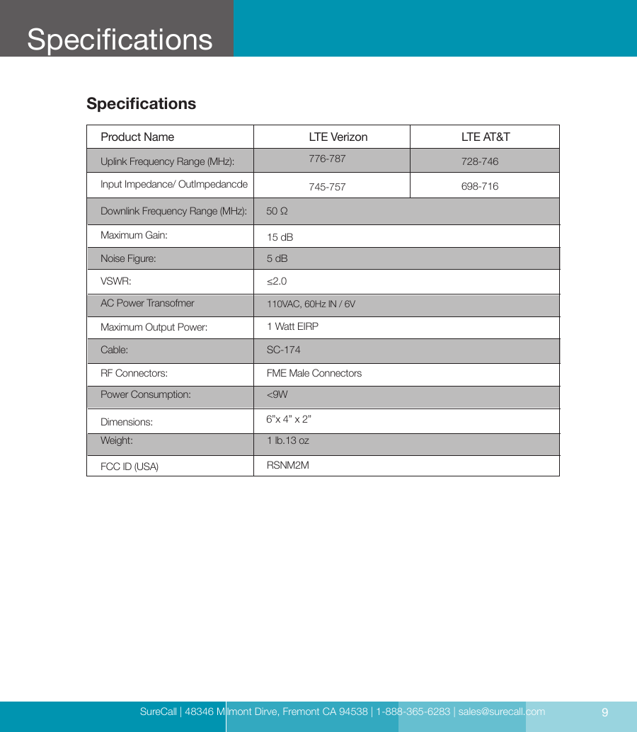 SureCall | 48346 Milmont Dirve, Fremont CA 94538 | 1-888-365-6283 | sales@surecall.com 9TroubleshootingSpecicationsSpecicationsProduct Name LTE Verizon LTE AT&amp;TUplink Frequency Range (MHz): 776-787745-757 698-716728-74650 Ω15 dB5 dB≤2.0110VAC, 60Hz IN / 6V1 Watt EIRPSC-174FME Male Connectors&lt;9W1 lb.13 ozRSNM2MDownlink Frequency Range (MHz):AC Power TransofmerVSWR:Maximum Gain:Noise Figure:Input Impedance/ OutImpedancdeMaximum Output Power:Cable:RF Connectors:Power Consumption:FCC ID (USA)Dimensions: 6”x 4” x 2”Weight: