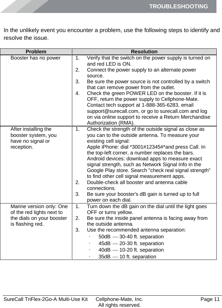 TROUBLESHOOTING         SureCall TriFlex-2Go-A Multi-Use Kit  Cellphone-Mate, Inc.   Page 11           All rights reserved. Troubleshooting In the unlikely event you encounter a problem, use the following steps to identify and resolve the issue. Problem Resolution Booster has no power 1. Verify that the switch on the power supply is turned on and red LED is ON. 2. Connect the power supply to an alternate power source. 3. Be sure the power source is not controlled by a switch that can remove power from the outlet. 4. Check the green POWER LED on the booster. If it is OFF, return the power supply to Cellphone-Mate. Contact tech support at 1-888-365-6283, email support@surecall.com, or go to surecall.com and log on via online support to receive a Return Merchandise Authorization (RMA). After installing the booster system, you have no signal or reception. 1. Check the strength of the outside signal as close as you can to the outside antenna. To measure your existing cell signal: Apple iPhone: dial *3001#12345#*and press Call. In the top-left corner, a number replaces the bars. Android devices: download apps to measure exact signal strength, such as Network Signal Info in the Google Play store. Search &quot;check real signal strength&quot; to find other cell signal measurement apps. 2. Double-check all booster and antenna cable connections. 3. Be sure your booster&apos;s dB gain is turned up to full power on each dial. Marine version only: One of the red lights next to the dials on your booster is flashing red.  1. Turn down the dB gain on the dial until the light goes OFF or turns yellow. 2. Be sure the inside panel antenna is facing away from the outside antenna. 3. Use the recommended antenna separation: • 50dB    30-40 ft. separation • 45dB    20-30 ft. separation • 40dB    10-20 ft. separation • 35dB    10 ft. separation 