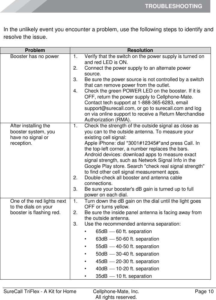 TROUBLESHOOTING         SureCall TriFlex - A Kit for Home  Cellphone-Mate, Inc.   Page 10           All rights reserved. Troubleshooting In the unlikely event you encounter a problem, use the following steps to identify and resolve the issue. Problem Resolution Booster has no power 1.  Verify that the switch on the power supply is turned on and red LED is ON. 2.  Connect the power supply to an alternate power source. 3.  Be sure the power source is not controlled by a switch that can remove power from the outlet. 4.  Check the green POWER LED on the booster. If it is OFF, return the power supply to Cellphone-Mate. Contact tech support at 1-888-365-6283, email support@surecall.com, or go to surecall.com and log on via online support to receive a Return Merchandise Authorization (RMA). After installing the booster system, you have no signal or reception. 1.  Check the strength of the outside signal as close as you can to the outside antenna. To measure your existing cell signal: Apple iPhone: dial *3001#12345#*and press Call. In the top-left corner, a number replaces the bars. Android devices: download apps to measure exact signal strength, such as Network Signal Info in the Google Play store. Search &quot;check real signal strength&quot; to find other cell signal measurement apps. 2.  Double-check all booster and antenna cable connections. 3.  Be sure your booster&apos;s dB gain is turned up to full power on each dial. One of the red lights next to the dials on your booster is flashing red. 1.  Turn down the dB gain on the dial until the light goes OFF or turns yellow. 2.  Be sure the inside panel antenna is facing away from the outside antenna. 3.  Use the recommended antenna separation: • 65dB    60 ft. separation • 63dB    50-60 ft. separation • 55dB    40-50 ft. separation • 50dB    30-40 ft. separation • 45dB    20-30 ft. separation • 40dB    10-20 ft. separation • 35dB    10 ft. separation 