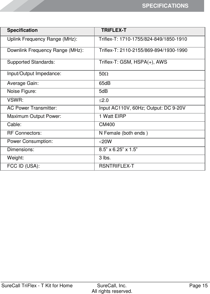 SPECIFICATIONS        SureCall TriFlex - T Kit for Home  SureCall, Inc.   Page 15           All rights reserved. Specifications Specification TRIFLEX-T Uplink Frequency Range (MHz):    Triflex-T: 1710-1755/824-849/1850-1910 Downlink Frequency Range (MHz): Triflex-T: 2110-2155/869-894/1930-1990  Supported Standards: Triflex-T: GSM, HSPA(+), AWS  Input/Output Impedance: 50 Average Gain: 65dB Noise Figure: 5dB VSWR: 2.0 AC Power Transmitter: Input AC110V, 60Hz; Output: DC 9-20V Maximum Output Power: 1 Watt EIRP Cable: CM400 RF Connectors: N Female (both ends ) Power Consumption: 20W Dimensions: 8.5” x 6.25” x 1.5” Weight: 3 lbs. FCC ID (USA): RSNTRIFLEX-T 