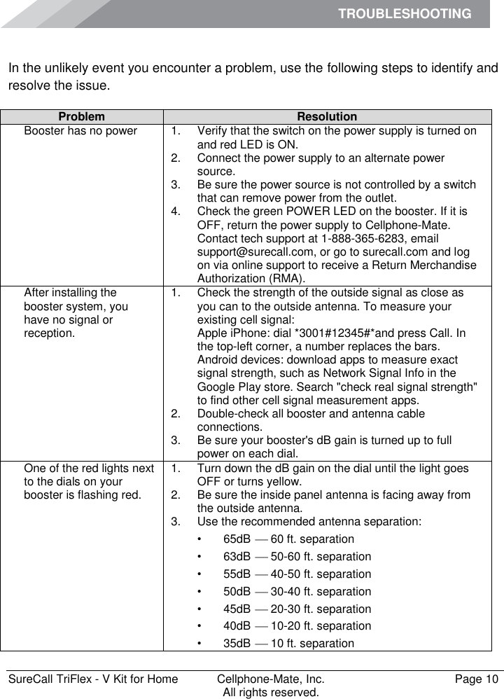 TROUBLESHOOTING         SureCall TriFlex - V Kit for Home  Cellphone-Mate, Inc.   Page 10           All rights reserved. Troubleshooting In the unlikely event you encounter a problem, use the following steps to identify and resolve the issue. Problem Resolution Booster has no power 1.  Verify that the switch on the power supply is turned on and red LED is ON. 2.  Connect the power supply to an alternate power source. 3.  Be sure the power source is not controlled by a switch that can remove power from the outlet. 4.  Check the green POWER LED on the booster. If it is OFF, return the power supply to Cellphone-Mate. Contact tech support at 1-888-365-6283, email support@surecall.com, or go to surecall.com and log on via online support to receive a Return Merchandise Authorization (RMA). After installing the booster system, you have no signal or reception. 1.  Check the strength of the outside signal as close as you can to the outside antenna. To measure your existing cell signal: Apple iPhone: dial *3001#12345#*and press Call. In the top-left corner, a number replaces the bars. Android devices: download apps to measure exact signal strength, such as Network Signal Info in the Google Play store. Search &quot;check real signal strength&quot; to find other cell signal measurement apps. 2.  Double-check all booster and antenna cable connections. 3.  Be sure your booster&apos;s dB gain is turned up to full power on each dial. One of the red lights next to the dials on your booster is flashing red. 1.  Turn down the dB gain on the dial until the light goes OFF or turns yellow. 2.  Be sure the inside panel antenna is facing away from the outside antenna. 3.  Use the recommended antenna separation: • 65dB    60 ft. separation • 63dB    50-60 ft. separation • 55dB    40-50 ft. separation • 50dB    30-40 ft. separation • 45dB    20-30 ft. separation • 40dB    10-20 ft. separation • 35dB    10 ft. separation 