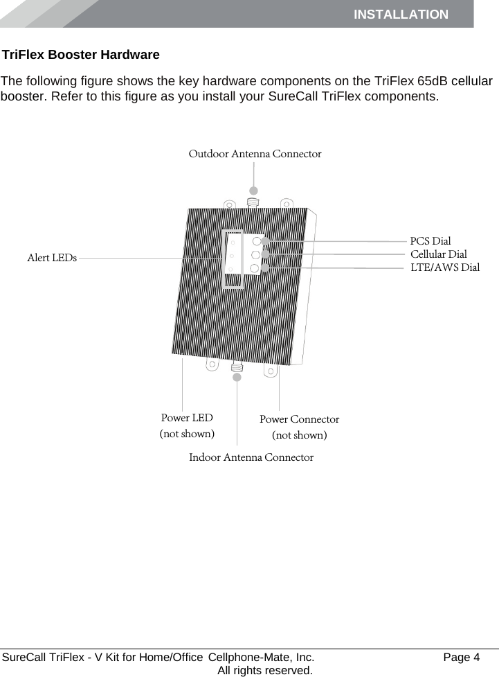 INSTALLATION      SureCall TriFlex - V Kit for Home/Office  Cellphone-Mate, Inc.   Page 4           All rights reserved. TriFlex Booster Hardware The following figure shows the key hardware components on the TriFlex 65dB cellular booster. Refer to this figure as you install your SureCall TriFlex components.            PCS Dial Outdoor Antenna Connector Indoor Antenna Connector Power Connector (not shown) Power LED (not shown) Alert LEDs Cellular Dial LTE/AWS Dial 