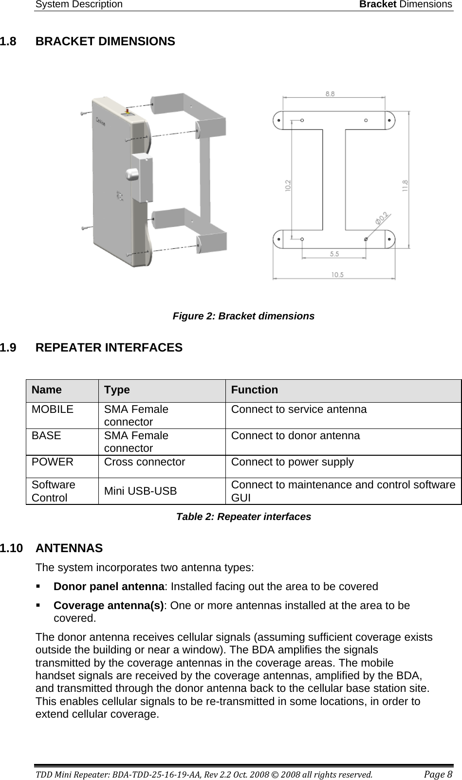 System Description Bracket Dimensions TDD Mini Repeater: BDA-TDD-25-16-19-AA, Rev 2.2 Oct. 2008 © 2008 all rights reserved. Page 8 1.8  BRACKET DIMENSIONS  Figure 2: Bracket dimensions 1.9  REPEATER INTERFACES  Name Type Function MOBILE SMA Female connector Connect to service antenna  BASE  SMA Female connector Connect to donor antenna  POWER Cross connector  Connect to power supply      Software Control  Mini USB-USB Connect to maintenance and control software GUI  Table 2: Repeater interfaces 1.10 ANTENNAS  The system incorporates two antenna types:  Donor panel antenna: Installed facing out the area to be covered   Coverage antenna(s): One or more antennas installed at the area to be covered.  The donor antenna receives cellular signals (assuming sufficient coverage exists outside the building or near a window). The BDA amplifies the signals transmitted by the coverage antennas in the coverage areas. The mobile handset signals are received by the coverage antennas, amplified by the BDA, and transmitted through the donor antenna back to the cellular base station site. This enables cellular signals to be re-transmitted in some locations, in order to extend cellular coverage. 