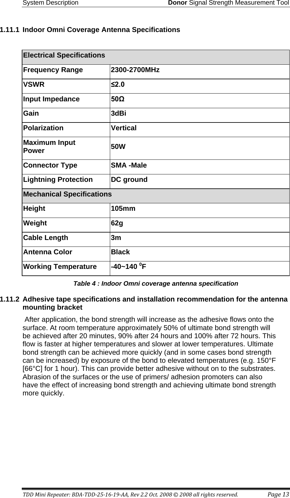 System Description Donor Signal Strength Measurement Tool TDD Mini Repeater: BDA-TDD-25-16-19-AA, Rev 2.2 Oct. 2008 © 2008 all rights reserved. Page 13 1.11.1 Indoor Omni Coverage Antenna Specifications   Electrical Specifications Frequency Range 2300-2700MHz VSWR ≤2.0 Input Impedance 50Ω Gain 3dBi Polarization Vertical  Maximum Input Power 50W Connector Type SMA -Male  Lightning Protection DC ground  Mechanical Specifications Height 105mm Weight 62g Cable Length 3m Antenna Color Black Working Temperature  -40~140 0F  Table 4 : Indoor Omni coverage antenna specification  1.11.2 Adhesive tape specifications and installation recommendation for the antenna mounting bracket  After application, the bond strength will increase as the adhesive flows onto the surface. At room temperature approximately 50% of ultimate bond strength will be achieved after 20 minutes, 90% after 24 hours and 100% after 72 hours. This flow is faster at higher temperatures and slower at lower temperatures. Ultimate bond strength can be achieved more quickly (and in some cases bond strength can be increased) by exposure of the bond to elevated temperatures (e.g. 150°F [66°C] for 1 hour). This can provide better adhesive without on to the substrates. Abrasion of the surfaces or the use of primers/ adhesion promoters can also have the effect of increasing bond strength and achieving ultimate bond strength more quickly.   