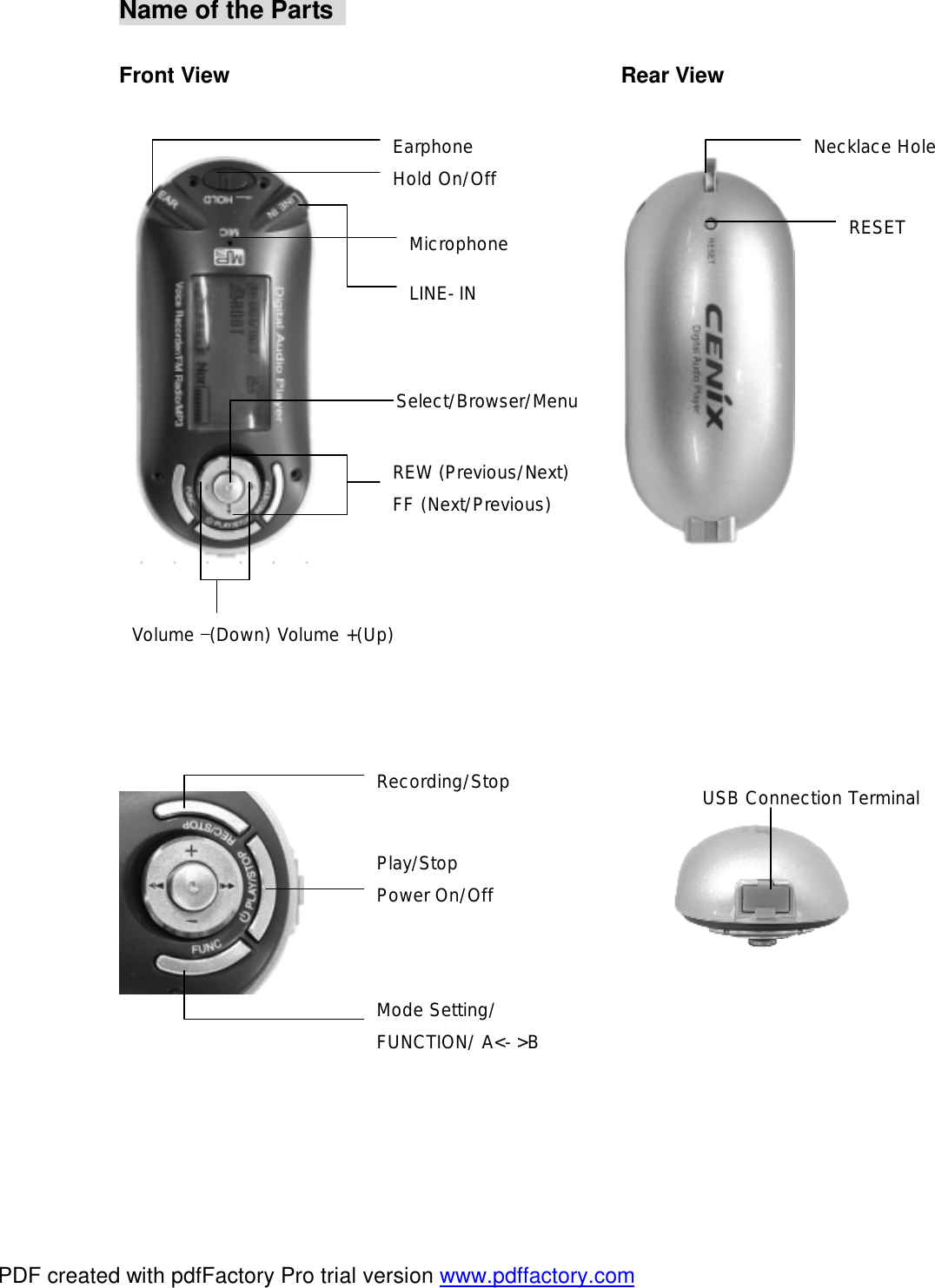  Name of the Parts   Front View                                    Rear View                                 Volume &ndash;(Down) Volume +(Up) Select/Browser/Menu  Microphone REW (Previous/Next) FF (Next/Previous) Earphone LINE-IN Hold On/Off Necklace Hole RESET Recording/Stop Mode Setting/ FUNCTION/ A<->B  Play/Stop Power On/Off USB Connection Terminal PDF created with pdfFactory Pro trial version www.pdffactory.com