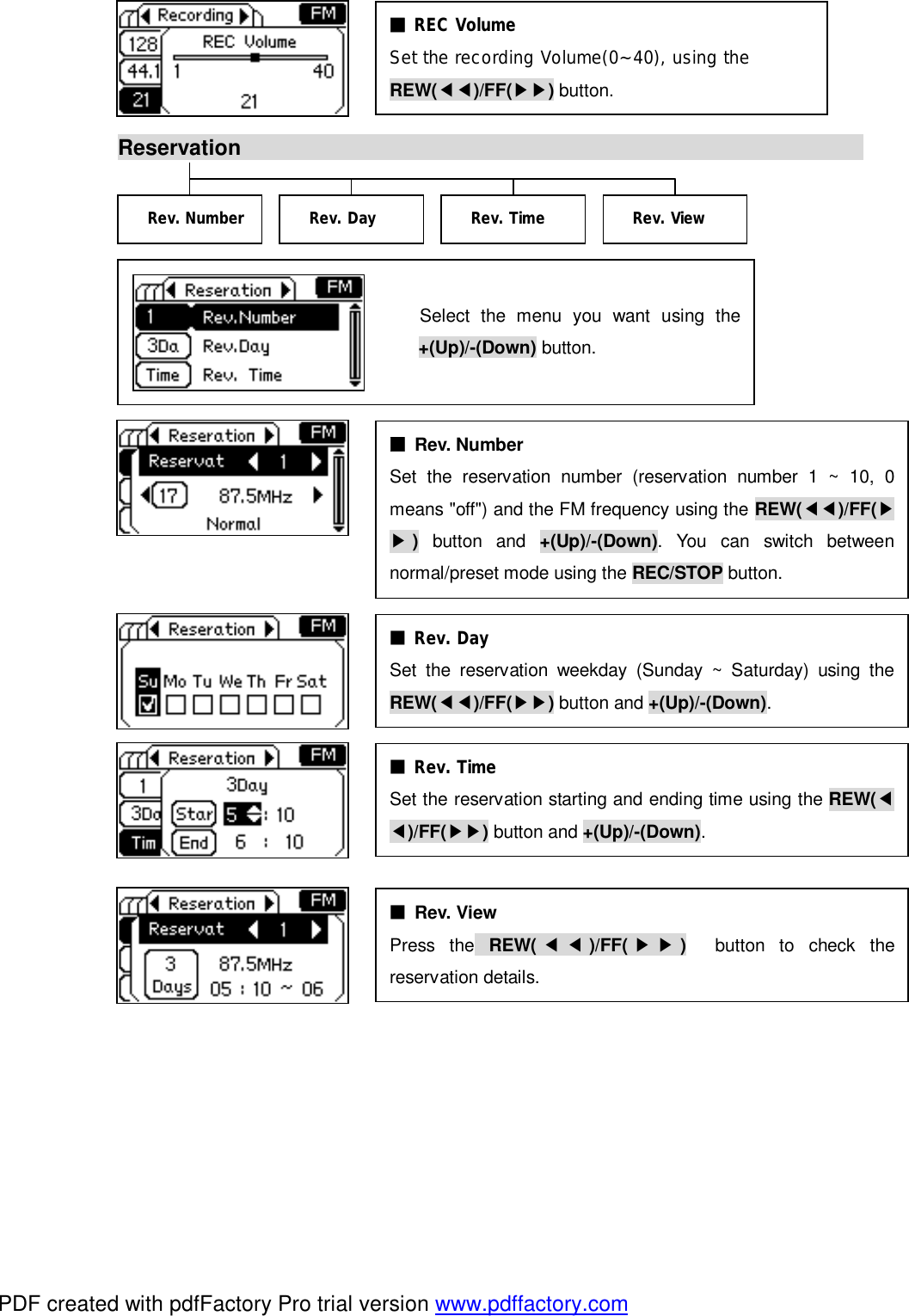     Reservation                                                                                            Select the menu you want using the +(Up)/-(Down) button. ■ REC Volume  Set the recording Volume(0~40), using the  REW(◀◀)/FF(▶▶) button.  ■ Rev. Number  Set the reservation number (reservation number 1 ~ 10, 0 means "off") and the FM frequency using the REW(◀◀)/FF(▶▶) button and +(Up)/-(Down). You can switch betweennormal/preset mode using the REC/STOP button. ■ Rev. Day Set the reservation weekday (Sunday ~ Saturday) using theREW(◀◀)/FF(▶▶) button and +(Up)/-(Down). ■ Rev. Time  Set the reservation starting and ending time using the REW(◀◀)/FF(▶▶) button and +(Up)/-(Down). ■ Rev. View  Press the REW( ◀◀)/FF( ▶▶)  button to check the reservation details. Rev. Number Rev. View Rev. Time Rev. Day PDF created with pdfFactory Pro trial version www.pdffactory.com