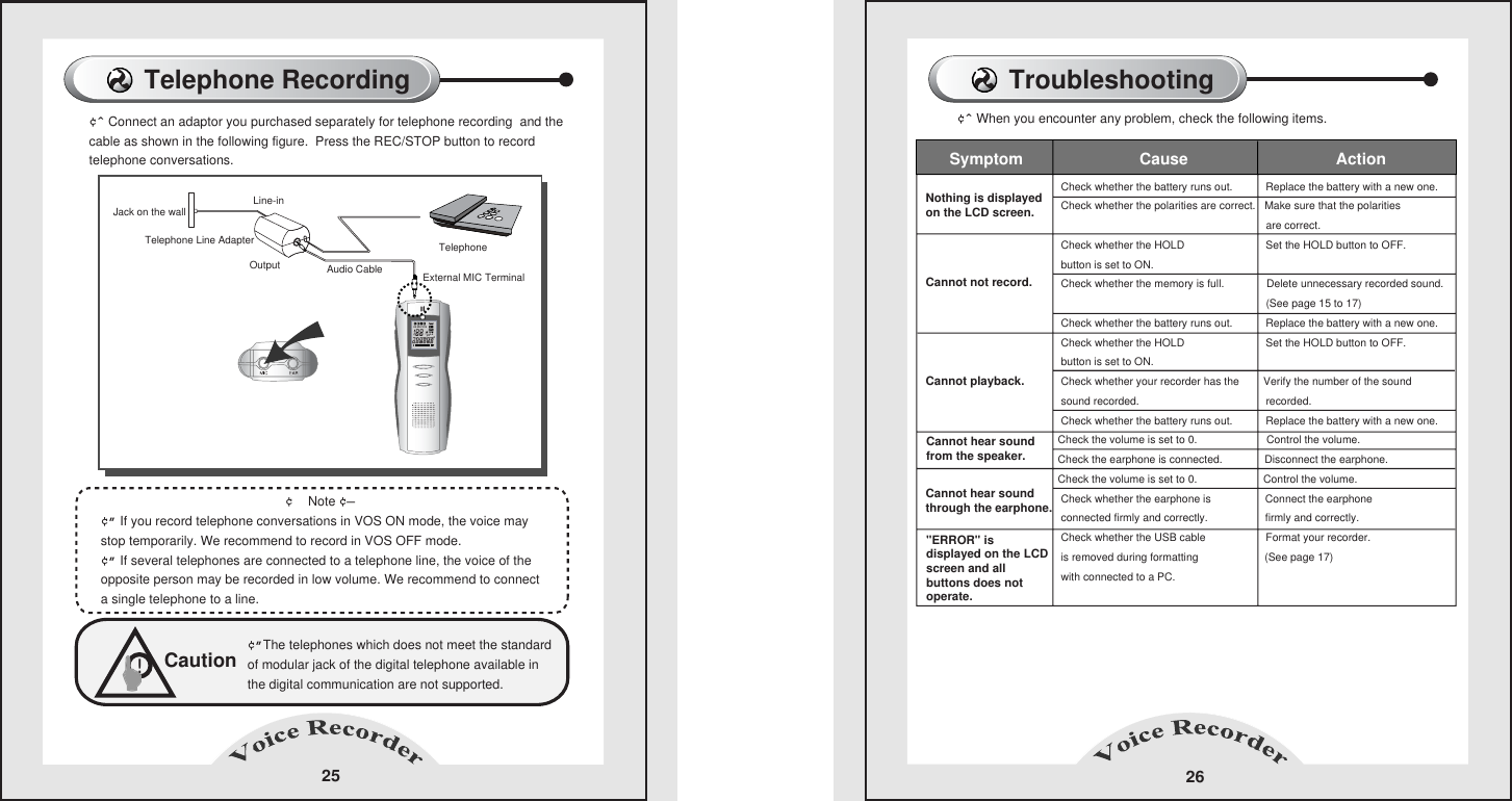 Telephone Recording  25&cent;&circ; Connect an adaptor you purchased separately for telephone recording  and the cable as shown in the following figure.  Press the REC/STOP button to record telephone conversations.                                                        &cent;  Note &cent;&mdash;       &cent;&rdquo; If you record telephone conversations in VOS ON mode, the voice may stop temporarily. We recommend to record in VOS OFF mode.        &cent;&rdquo; If several telephones are connected to a telephone line, the voice of the opposite person may be recorded in low volume. We recommend to connecta single telephone to a line.      Caution&cent;&rdquo;The telephones which does not meet the standard of modular jack of the digital telephone available in the digital communication are not supported.    !Jack on the wall   Telephone Line Adapter     Telephone  Line-inOutput External MIC Terminal  Audio Cable     Troubleshooting 26&cent;&circ; When you encounter any problem, check the following items.      Check whether the battery runs out.           Replace the battery with a new one.   Check whether the polarities are correct.   Make sure that the polarities                                                                        are correct.   Check whether the HOLD                           Set the HOLD button to OFF.   button is set to ON.      Check whether the memory is full.              Delete unnecessary recorded sound.                                                                       (See page 15 to 17)   Check whether the battery runs out.           Replace the battery with a new one.   Check whether the HOLD                           Set the HOLD button to OFF.   button is set to ON.      Check whether your recorder has the        Verify the number of the sound   sound recorded.                                          recorded. Check whether the battery runs out.           Replace the battery with a new one.  Check the volume is set to 0.                       Control the volume.  Check the earphone is connected.              Disconnect the earphone.Check the volume is set to 0.                      Control the volume.   Check whether the earphone is                  Connect the earphone    connected firmly and correctly.                   firmly and correctly.   Check whether the USB cable                    Format your recorder.   is removed during formatting                      (See page 17) with connected to a PC.           Nothing is displayed    on the LCD screen.    Cannot not record.  Cannot playback.                                           Cannot hear sound     through the earphone.                                                 Symptom                          Cause                                 Action  Cannot hear sound      from the speaker.    "ERROR" is                displayed on the LCD   screen and all                  buttons does not operate.       HQ SPLPVOS1A-B
