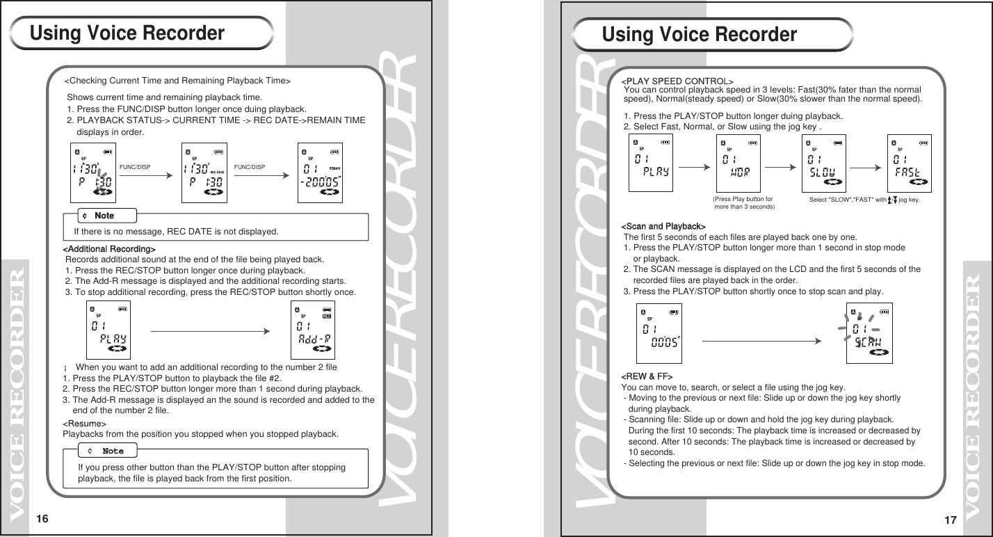 16VOICE RECORDERVOICE RECORDER17VOICE RECORDERVOICE RECORDER<Scan and Playback> The first 5 seconds of each files are played back one by one. 1. Press the PLAY/STOP button longer more than 1 second in stop mode     or playback. 2. The SCAN message is displayed on the LCD and the first 5 seconds of the     recorded files are played back in the order. 3. Press the PLAY/STOP button shortly once to stop scan and play.<REW &amp; FF><REW &amp; FF>You can move to, search, or select a file using the jog key. - Moving to the previous or next file: Slide up or down the jog key shortly   during playback. - Scanning file: Slide up or down and hold the jog key during playback.   During the first 10 seconds: The playback time is increased or decreased by    second. After 10 seconds: The playback time is increased or decreased by    10 seconds. - Selecting the previous or next file: Slide up or down the jog key in stop mode.&iexcl; When you want to add an additional recording to the number 2 file1. Press the PLAY/STOP button to playback the file #2.2. Press the REC/STOP button longer more than 1 second during playback.3. The Add-R message is displayed an the sound is recorded and added to the    end of the number 2 file.<Resume>Playbacks from the position you stopped when you stopped playback.<Additional Recording>  Records additional sound at the end of the file being played back. 1. Press the REC/STOP button longer once during playback. 2. The Add-R message is displayed and the additional recording starts. 3. To stop additional recording, press the REC/STOP button shortly once.<PLAY SPEED CONTROL> You can control playback speed in 3 levels: Fast(30% fater than the normal speed), Normal(steady speed) or Slow(30% slower than the normal speed). 1. Press the PLAY/STOP button longer duing playback. 2. Select Fast, Normal, or Slow using the jog key .  Select "SLOW","FAST" with       jog key.(Press Play button for more than 3 seconds)    Using Voice Recorder Using Voice Recorder &cent;  NoteNote   If you press other button than the PLAY/STOP button after stopping playback, the file is played back from the first position.<Checking Current Time and Remaining Playback Time>> Shows current time and remaining playback time. 1. Press the FUNC/DISP button longer once duing playback.  2. PLAYBACK STATUS-> CURRENT TIME -> REC DATE->REMAIN TIME     displays in order.  FUNC/DISP   FUNC/DISP&cent; NoteIf there is no message, REC DATE is not displayed.