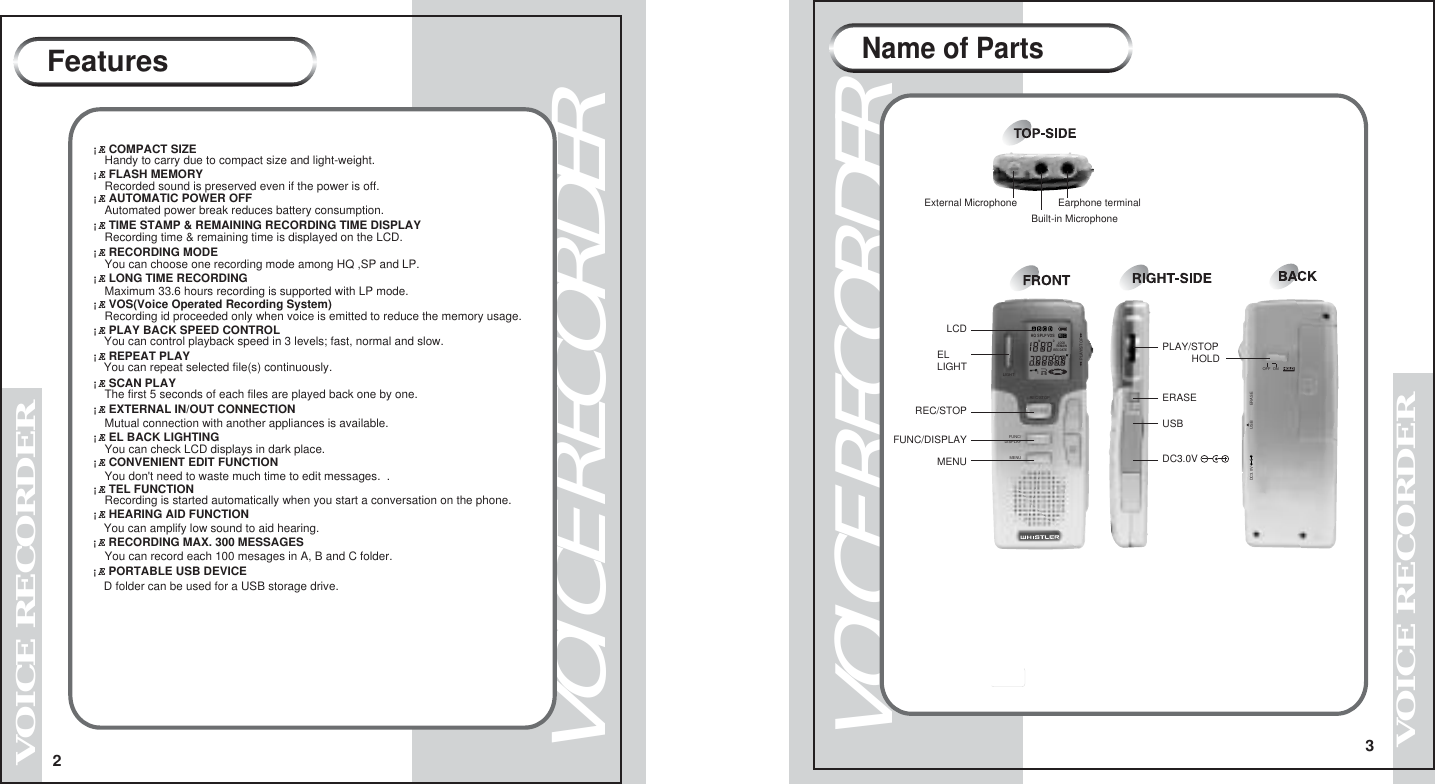 2VOICE RECORDERVOICE RECORDERFeatures&iexcl;&AElig; RECORDING MAX. 300 MESSAGES &iexcl;&AElig; PORTABLE USB DEVICE&iexcl;&AElig; COMPACT SIZE  Handy to carry due to compact size and light-weight.&iexcl;&AElig; FLASH MEMORY  Recorded sound is preserved even if the power is off.&iexcl;&AElig; AUTOMATIC POWER OFF  Automated power break reduces battery consumption.&iexcl;&AElig; TIME STAMP &amp; REMAINING RECORDING TIME DISPLAY  Recording time &amp; remaining time is displayed on the LCD.&iexcl;&AElig; RECORDING MODE   You can choose one recording mode among HQ ,SP and LP.&iexcl;&AElig; LONG TIME RECORDING  Maximum 33.6 hours recording is supported with LP mode. &iexcl;&AElig; VOS(Voice Operated Recording System)   Recording id proceeded only when voice is emitted to reduce the memory usage.&iexcl;&AElig; PLAY BACK SPEED CONTROL  You can control playback speed in 3 levels; fast, normal and slow.   &iexcl;&AElig; REPEAT PLAY  You can repeat selected file(s) continuously.&iexcl;&AElig; SCAN PLAY  The first 5 seconds of each files are played back one by one.&iexcl;&AElig; EXTERNAL IN/OUT CONNECTION  Mutual connection with another appliances is available.&iexcl;&AElig; EL BACK LIGHTING  You can check LCD displays in dark place.&iexcl;&AElig; CONVENIENT EDIT FUNCTION  You don't need to waste much time to edit messages.  .&iexcl;&AElig; TEL FUNCTION  Recording is started automatically when you start a conversation on the phone.&iexcl;&AElig; HEARING AID FUNCTION  You can record each 100 mesages in A, B and C folder.  D folder can be used for a USB storage drive.  You can amplify low sound to aid hearing.VOICE RECORDER3Name of PartsVOICE RECORDERExternal MicrophoneHQMDSPLPVOSLOCKREMAINRECDATE1A-BLIGHTREC/STOP    FUNC/DISPLAYMENUPLAY/STOPOFF  ONERASEHOLDUSBDC3.0VDC3.0VEarphone terminalPLAY/STOPHOLDERASEUSBELLIGHTLCDREC/STOPFUNC/DISPLAYMENUBuilt-in Microphone