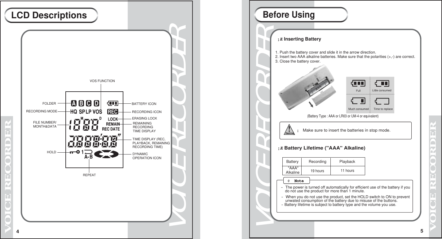 VOICE RECORDER5 VOICE RECORDER      1. Push the battery cover and slide it in the arrow direction. 2. Insert two AAA alkaline batteries. Make sure that the polarities (+,-) are correct. 3. Close the battery cover.  &iexcl;&AElig; Inserting Battery   (Battery Type : AAA or LR03 or UM-4 or equivalent)   ........................................................................................Much consumed Little consumedTime to replace        Full&iexcl;&AElig; Battery Lifetime ("AAA" Alkaline)Recording Playback "AAA"Alkaline - The power is turned off automatically for efficient use of the battery if you      do not use the product for more than 1 minute.- When you do not use the product, set the HOLD switch to ON to prevent    unwated consumption of the battery due to misuse of the buttons.- Battery lifetime is subject to battery type and the volume you use.19 hours 11 hoursBefore Using &cent;  NoteNote        &iexcl; Make sure to insert the batteries in stop mode.CautionAAA4VOICE RECORDERVOICE RECORDERLCD DescriptionsFILE NUMBER/MONTH&amp;DATAFOLDERRECORDING MODEBATTERY ICONRECORDING ICONREPEATHOLDVOS FUNCTIONERASING LOCKREMAINING RECORDING TIME DISPLAYTIME DISPLAY (REC,PLAYBACK, REMAININGRECORDING TIME)DYNAMICOPERATION ICON Battery