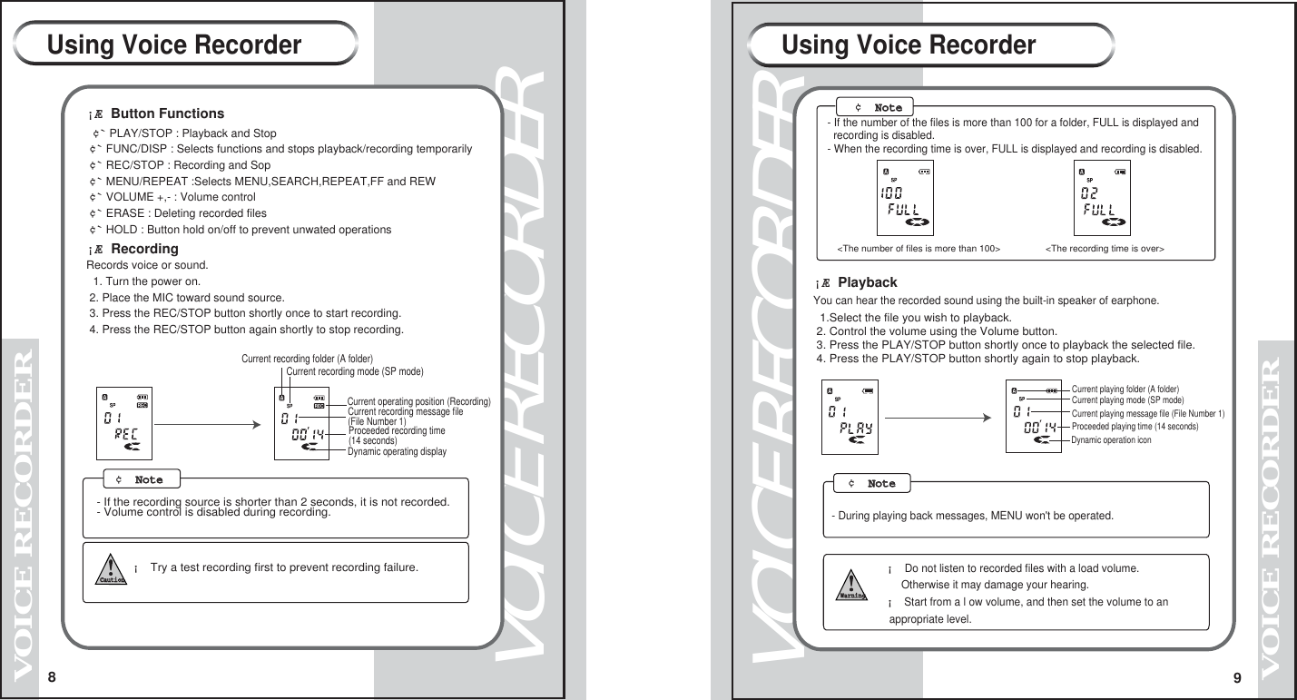 8VOICE RECORDERVOICE RECORDER9VOICE RECORDERVOICE RECORDER- If the number of the files is more than 100 for a folder, FULL is displayed and   recording is disabled.    - When the recording time is over, FULL is displayed and recording is disabled.  <The recording time is over><The number of files is more than 100>  &iexcl;&AElig; PlaybackYou can hear the recorded sound using the built-in speaker of earphone. 1.Select the file you wish to playback.  2. Control the volume using the Volume button.    3. Press the PLAY/STOP button shortly once to playback the selected file. 4. Press the PLAY/STOP button shortly again to stop playback.     Current playing folder (A folder)Current playing mode (SP mode)Current playing message file (File Number 1)Proceeded playing time (14 seconds)Dynamic operation icon Using Voice RecorderUsing Voice Recorder&iexcl;&AElig; Button Functions &cent;` PLAY/STOP : Playback and Stop &cent;` FUNC/DISP : Selects functions and stops playback/recording temporarily &cent;` REC/STOP : Recording and Sop &cent;` MENU/REPEAT :Selects MENU,SEARCH,REPEAT,FF and REW  &cent;` VOLUME +,- : Volume control &cent;` ERASE : Deleting recorded files &cent;` HOLD : Button hold on/off to prevent unwated operations&iexcl;&AElig; Recording Records voice or sound. 1. Turn the power on.   2. Place the MIC toward sound source. 3. Press the REC/STOP button shortly once to start recording. 4. Press the REC/STOP button again shortly to stop recording.Dynamic operating display Current recording folder (A folder)Current recording mode (SP mode)Current operating position (Recording)Current recording message file (File Number 1)Proceeded recording time (14 seconds)- If the recording source is shorter than 2 seconds, it is not recorded.- Volume control is disabled during recording.     &iexcl; Try a test recording first to prevent recording failure.    Caution     &iexcl; Do not listen to recorded files with a load volume.      Otherwise it may damage your hearing.&iexcl; Start from a l ow volume, and then set the volume to an  appropriate level.Warning- During playing back messages, MENU won't be operated. &cent;  NoteNote    &cent;  NoteNote    &cent;  NoteNote   