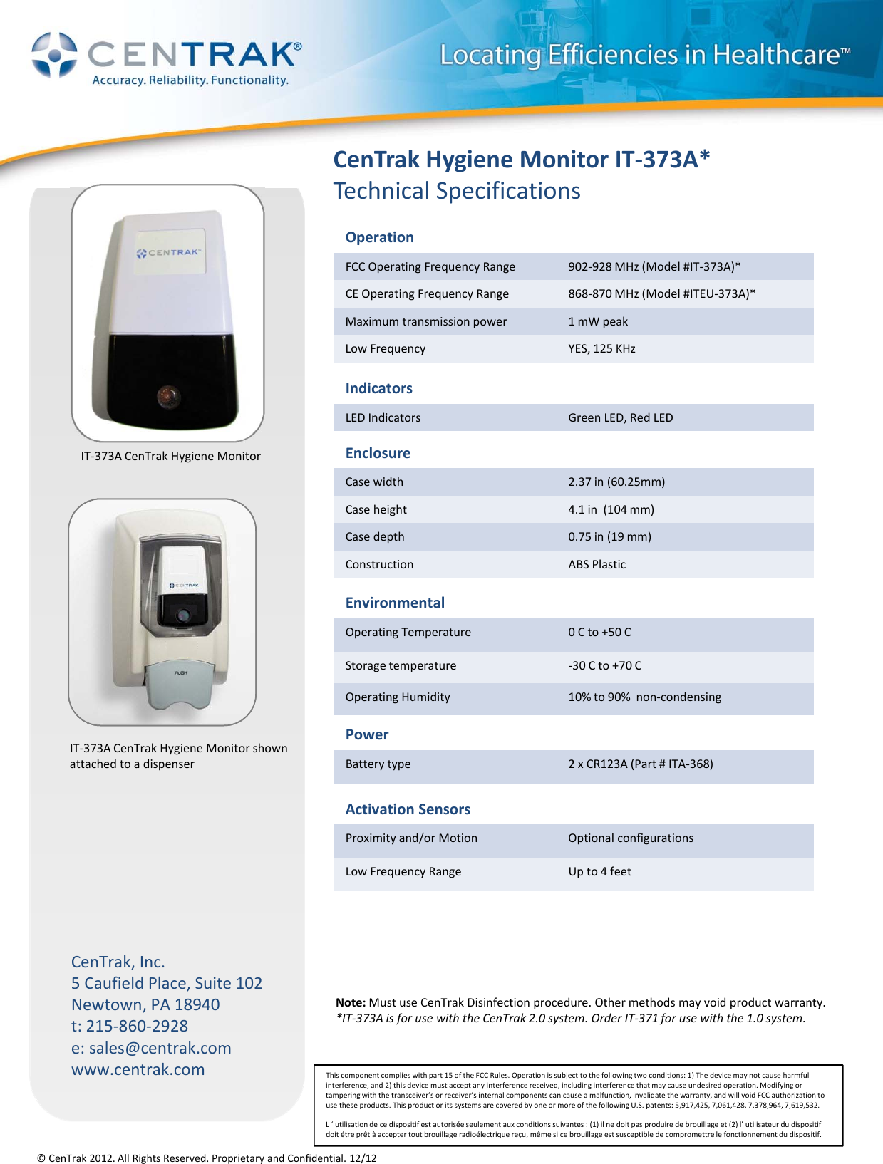 Page 2 of Centrak IT373A HYGIENE MONITOR IT-373A User Manual 