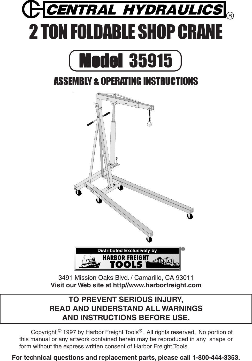 Page 1 of 11 - Central-Hydraulics Central-Hydraulics-2-Ton-Foldable-Shop-Crane-35915-Users-Manual- 35915 Jack Manual  Central-hydraulics-2-ton-foldable-shop-crane-35915-users-manual