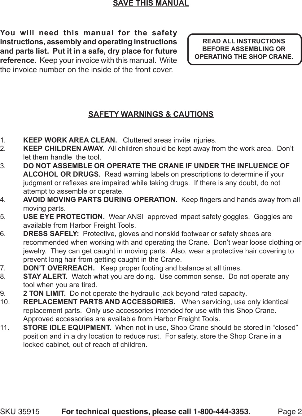 Page 2 of 11 - Central-Hydraulics Central-Hydraulics-2-Ton-Foldable-Shop-Crane-35915-Users-Manual- 35915 Jack Manual  Central-hydraulics-2-ton-foldable-shop-crane-35915-users-manual