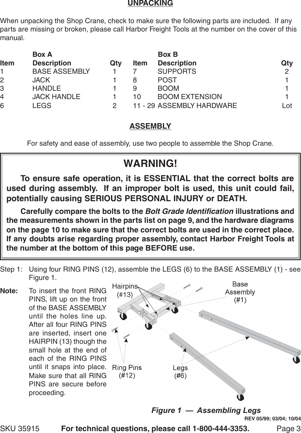 Page 3 of 11 - Central-Hydraulics Central-Hydraulics-2-Ton-Foldable-Shop-Crane-35915-Users-Manual- 35915 Jack Manual  Central-hydraulics-2-ton-foldable-shop-crane-35915-users-manual