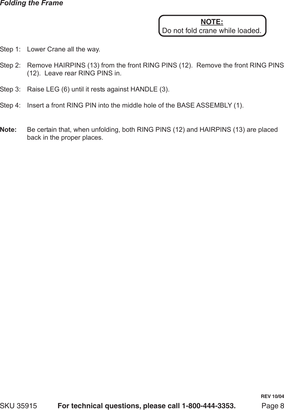 Page 8 of 11 - Central-Hydraulics Central-Hydraulics-2-Ton-Foldable-Shop-Crane-35915-Users-Manual- 35915 Jack Manual  Central-hydraulics-2-ton-foldable-shop-crane-35915-users-manual