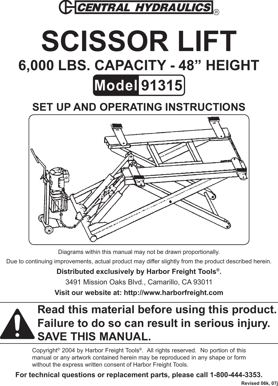 Central Hydraulics Scissor Lift 916315 Users Manual
