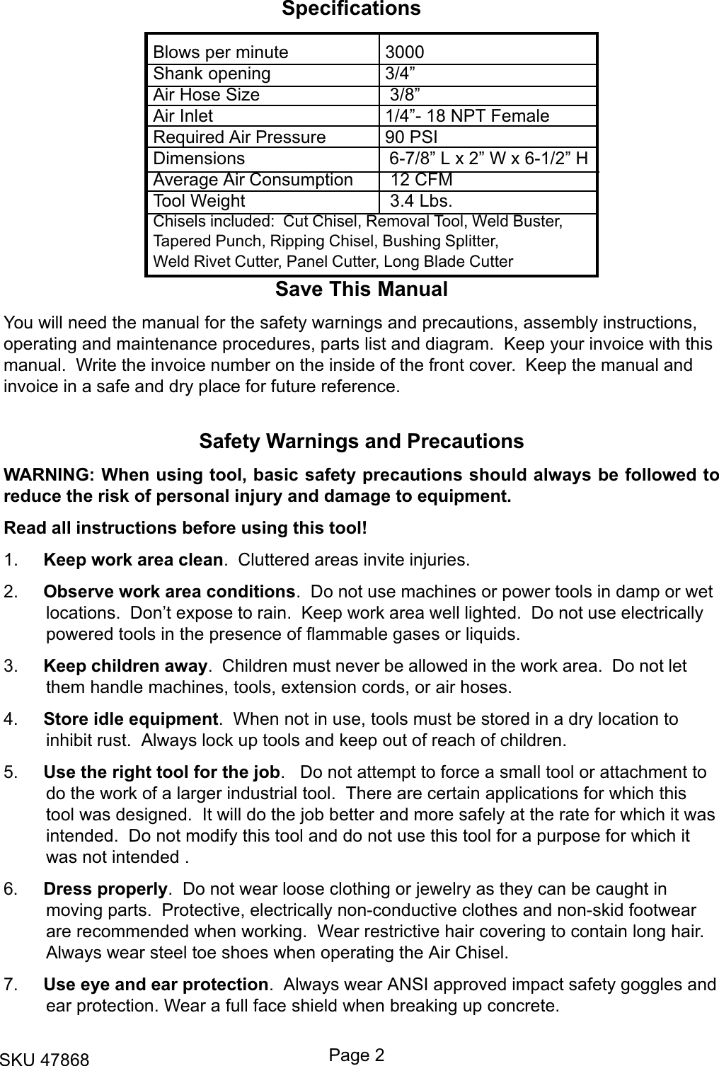 Page 2 of 8 - Central-Pneumatic Central-Pneumatic-47868-Users-Manual- 47868.p65  Central-pneumatic-47868-users-manual