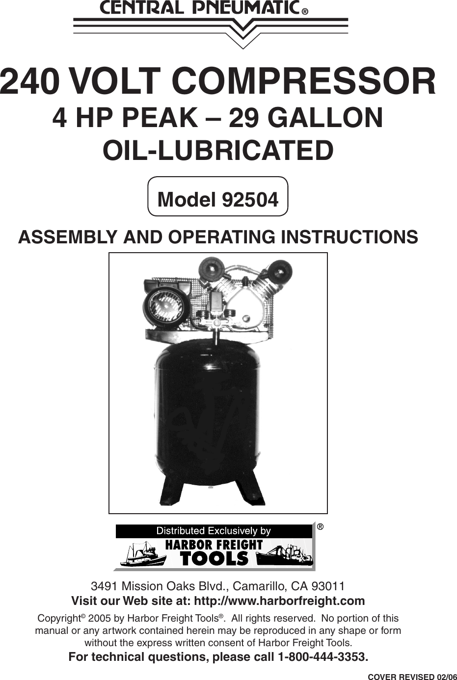 Central Pneumatic Air Compressor 92504 Users Manual