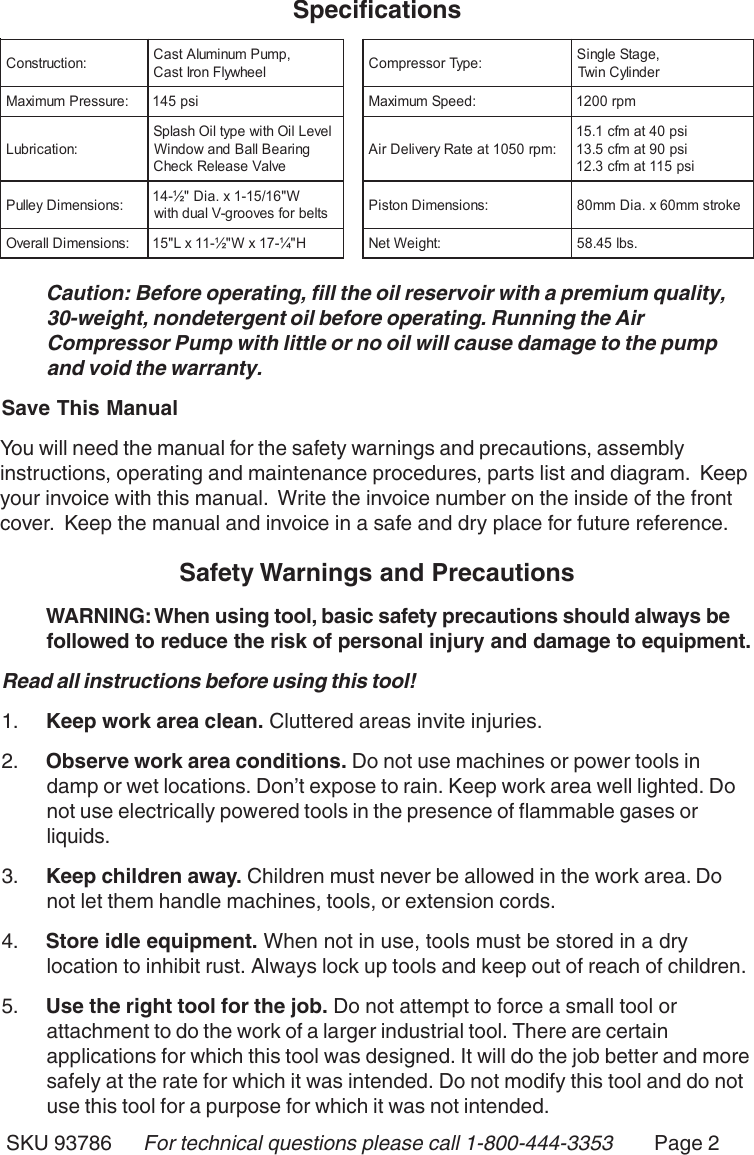 Page 2 of 9 - Central-Pneumatic Central-Pneumatic-Air-Compressor-93786-Users-Manual- 93785 Air Compressor  Central-pneumatic-air-compressor-93786-users-manual