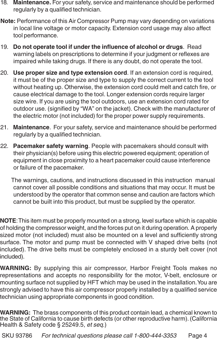 Page 4 of 9 - Central-Pneumatic Central-Pneumatic-Air-Compressor-93786-Users-Manual- 93785 Air Compressor  Central-pneumatic-air-compressor-93786-users-manual