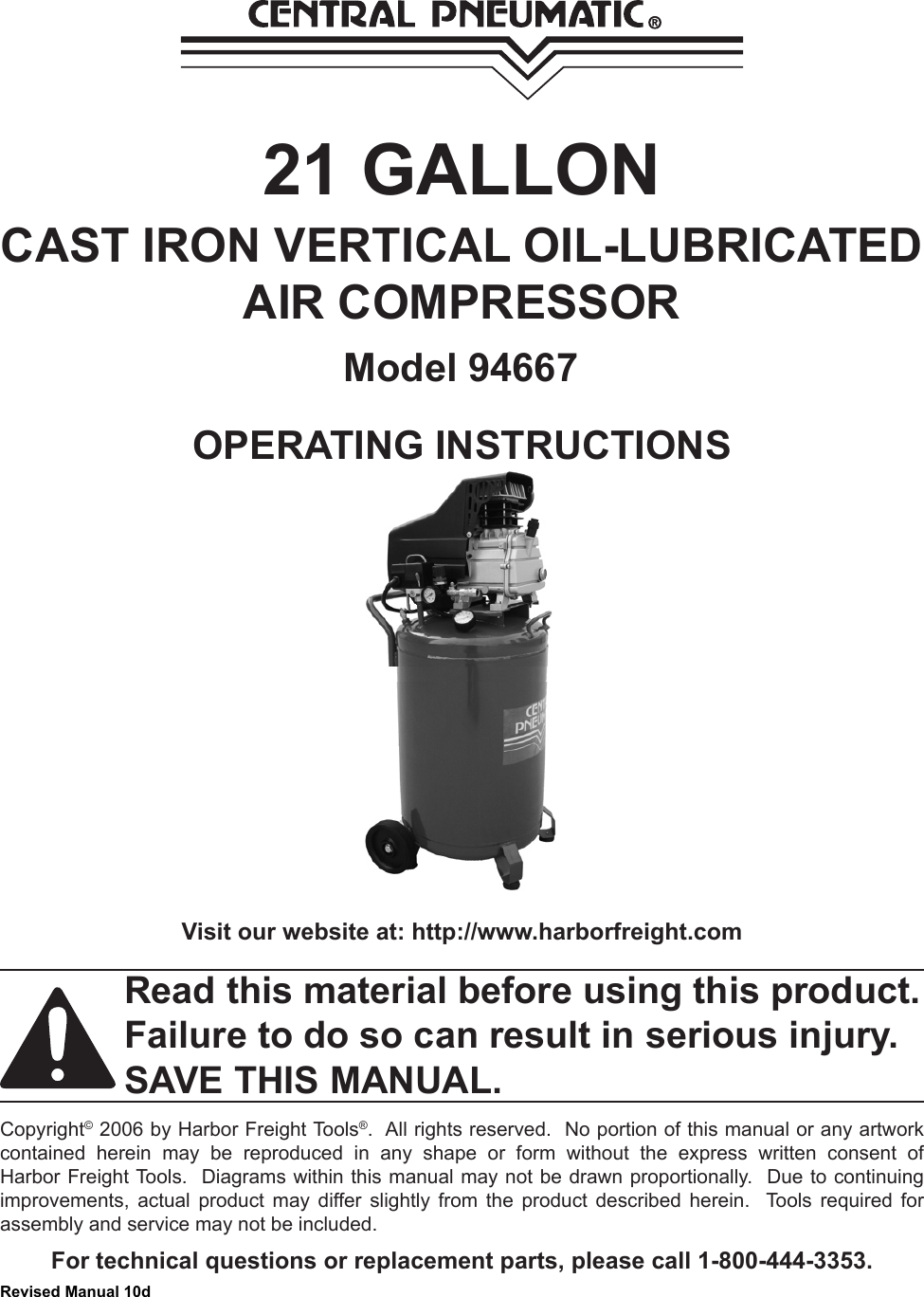 Central Pneumatic Air Compressor 94667 Users Manual