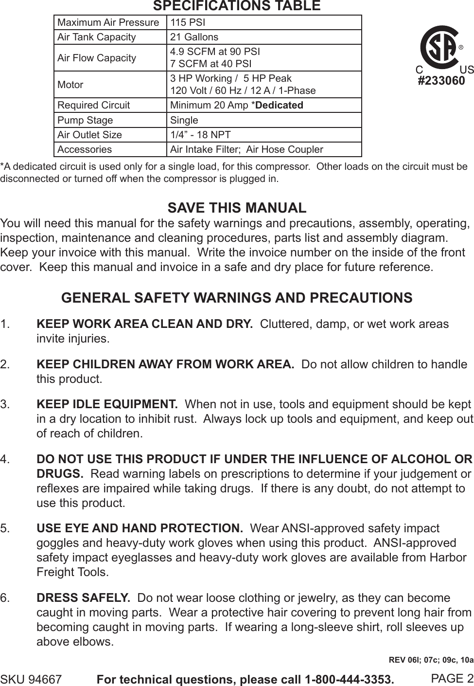 Page 2 of 11 - Central-Pneumatic Central-Pneumatic-Air-Compressor-94667-Users-Manual-  Central-pneumatic-air-compressor-94667-users-manual