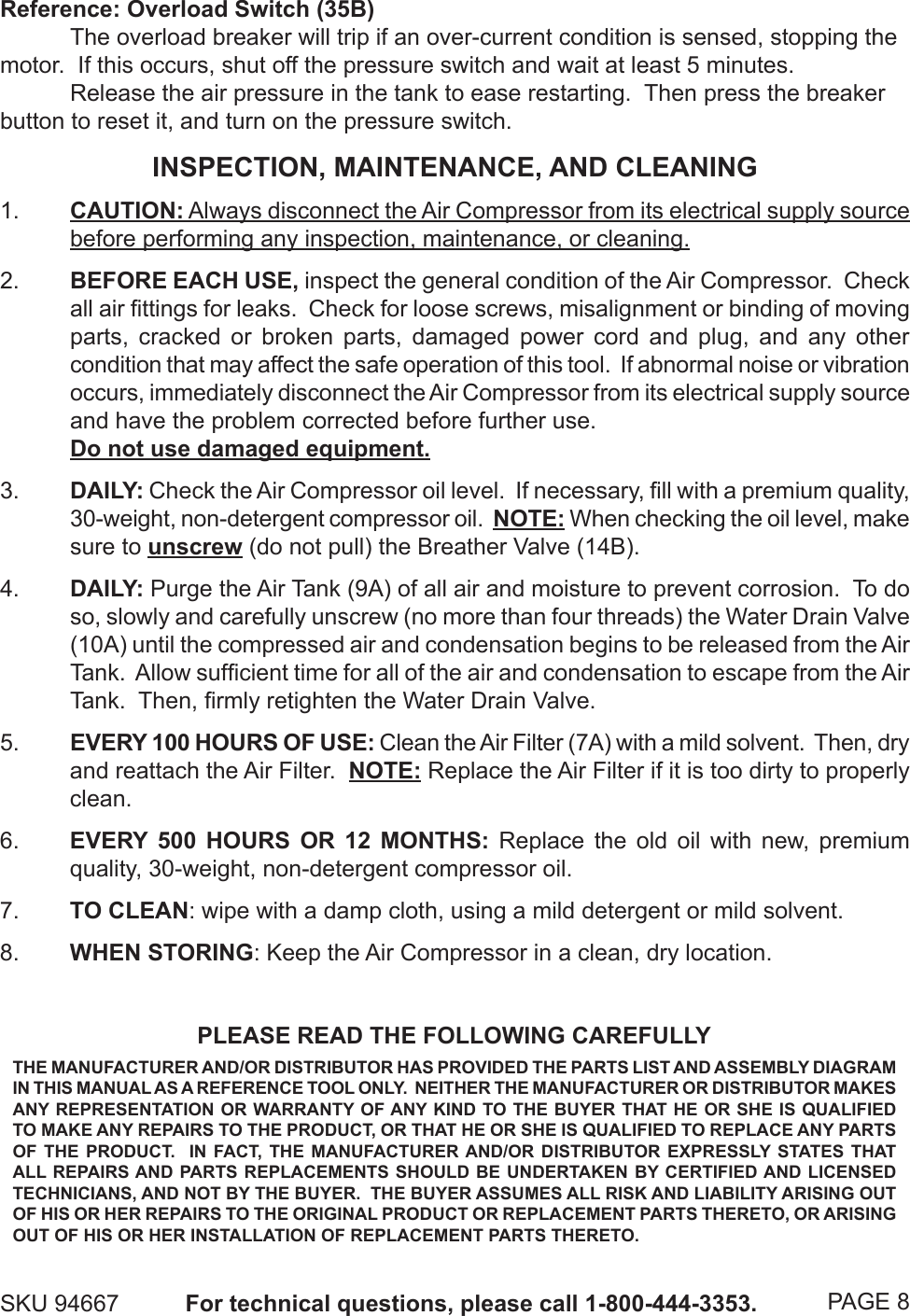 Page 8 of 11 - Central-Pneumatic Central-Pneumatic-Air-Compressor-94667-Users-Manual-  Central-pneumatic-air-compressor-94667-users-manual