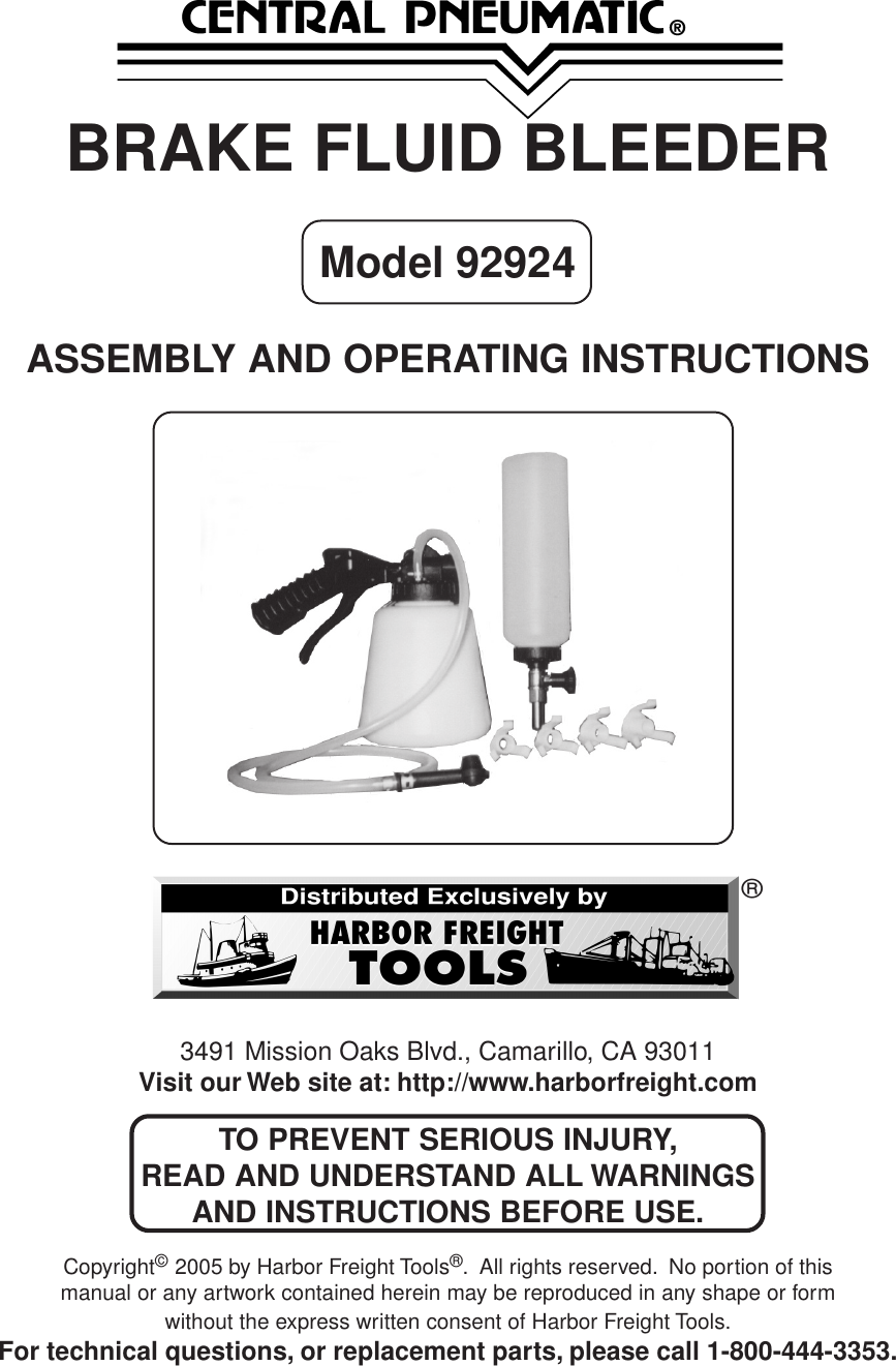 Page 1 of 10 - Central-Pneumatic Central-Pneumatic-Brake-Fluid-Bleeder-92924C-Users-Manual- 92924 Manual  Central-pneumatic-brake-fluid-bleeder-92924c-users-manual