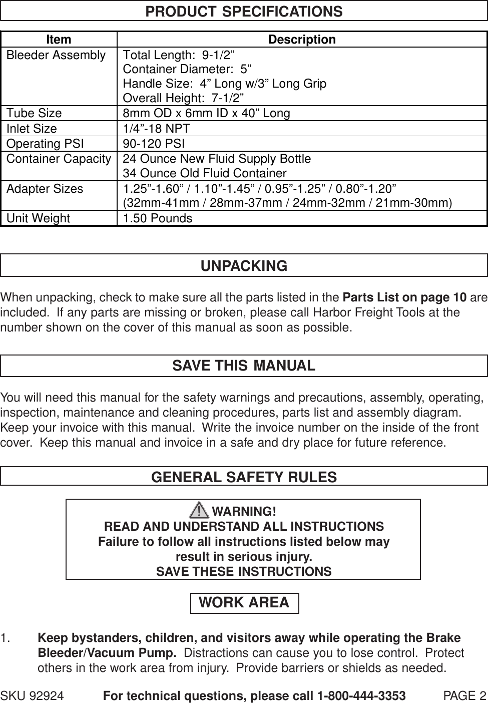 Central Pneumatic Brake Fluid Bleeder 92924C Users Manual 92924