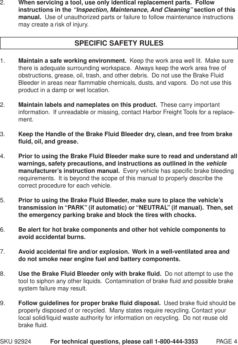 Central Pneumatic Brake Fluid Bleeder 92924C Users Manual 92924