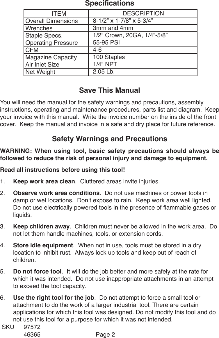 Page 2 of 9 - Central-Pneumatic Central-Pneumatic-Crown-46365-Users-Manual-  Central-pneumatic-crown-46365-users-manual