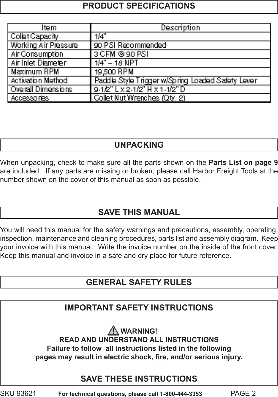 Page 2 of 10 - Central-Pneumatic Central-Pneumatic-Grinder-93621-Users-Manual-  Central-pneumatic-grinder-93621-users-manual