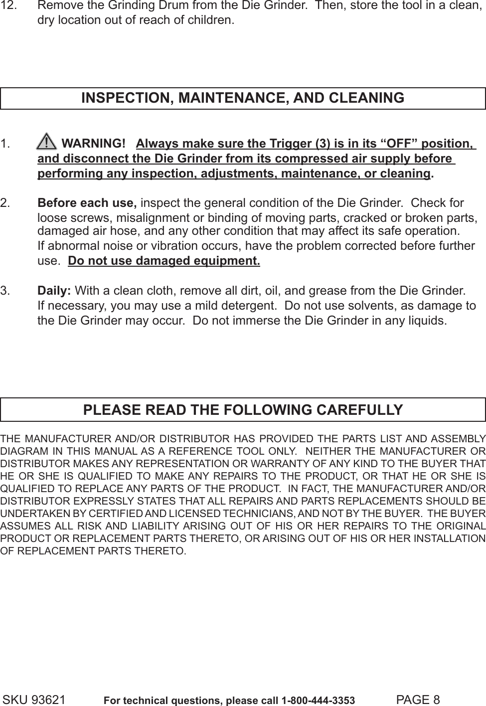 Page 8 of 10 - Central-Pneumatic Central-Pneumatic-Grinder-93621-Users-Manual-  Central-pneumatic-grinder-93621-users-manual