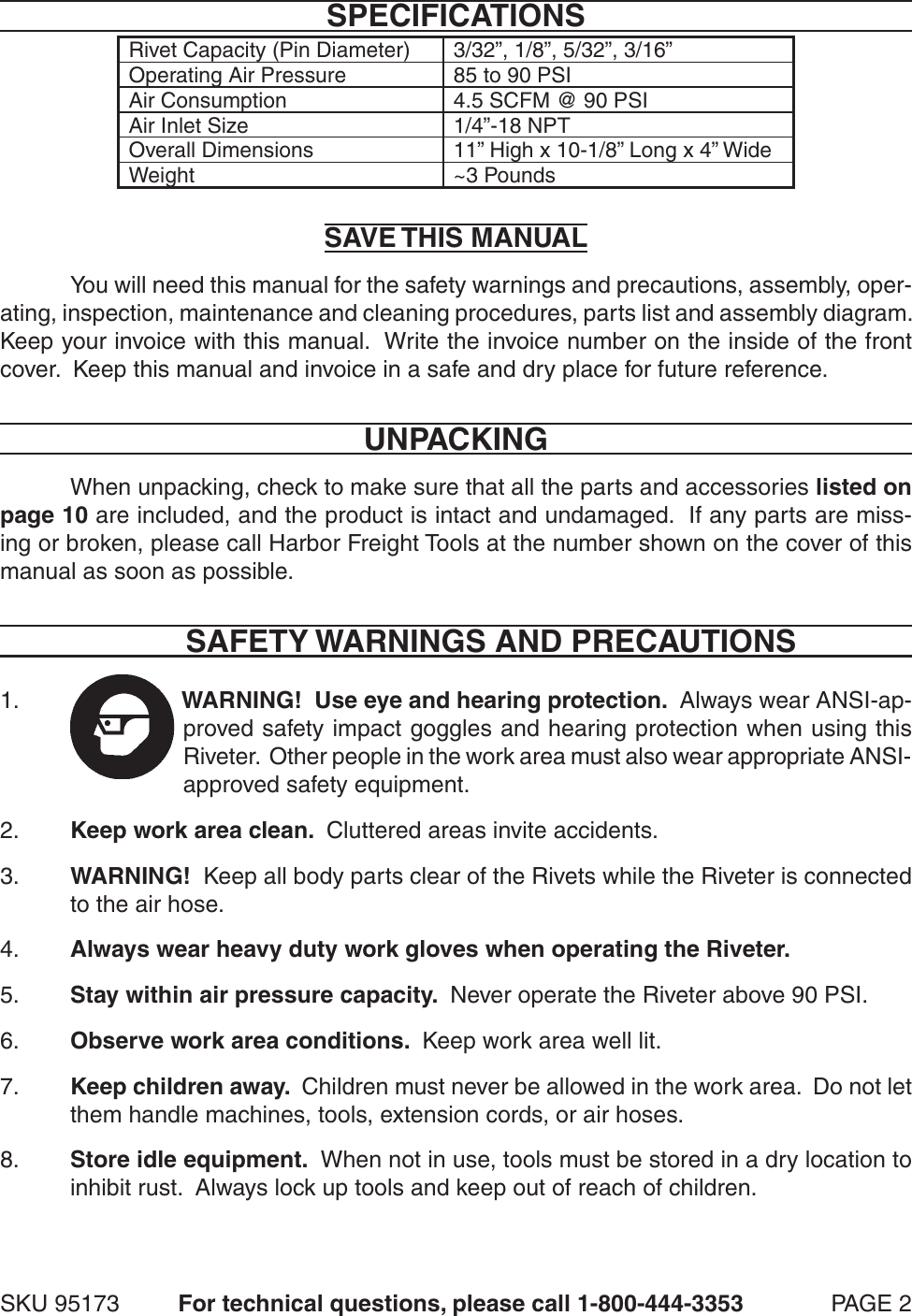 Page 2 of 11 - Central-Pneumatic Central-Pneumatic-Premium-Air-Riveter-Users-Manual-  Central-pneumatic-premium-air-riveter-users-manual