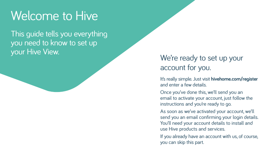 We’re ready to set up your account for you.It’s really simple. Just visit hivehome.com/register and enter a few details. Once you’ve done this, we’ll send you an email to activate your account, just follow the instructions and you’re ready to go. As soon as we’ve activated your account, we’ll send you an email confirming your login details. You’ll need your account details to install and use Hive products and services. If you already have an account with us, of course, you can skip this part.Welcome to HiveThis guide tells you everything you need to know to set up your Hive View.