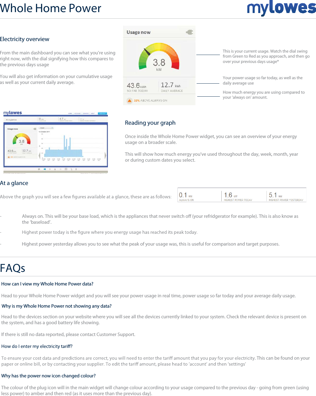 Electricity overviewFrom the main dashboard you can see what you’re usingright now, with the dial signifying how this compares tothe previous days usageYou will also get information on your cumulative usageas well as your current daily average.Whole Home PowerYour power usage so far today, as well as thedaily average useHow much energy you are using compared toyour ‘always on’ amount. Reading your graphOnce inside the Whole Home Power widget, you can see an overview of your energyusage on a broader scale.This will show how much energy you’ve used throughout the day, week, month, year or during custom dates you select.This is your current usage. Watch the dial swingfrom Green to Red as you approach, and then goover your previous days usage*At a glance-  Always on. This will be your base load, which is the appliances that never switch o (your refridgerator for example). This is also know as  the ‘baseload’.-  Highest power yesterday allows you to see what the peak of your usage was, this is useful for comparison and target purposes. FAQs+How can I view my Whole Home Power data?Head to your Whole Home Power widget and you will see your power usage in real time, power usage so far today and your average daily usage. Why is my Whole Home Power not showing any data?Head to the devices section on your website where you will see all the devices currently linked to your system. Check the relevant device is present on the system, and has a good battery life showing. If there is still no data reported, please contact Customer Support.. This can be found on your Why has the power now icon changed colour?The colour of the plug icon will in the main widget will change colour according to your usage compared to the previous day - going from green (using less power) to amber and then red (as it uses more than the previous day).