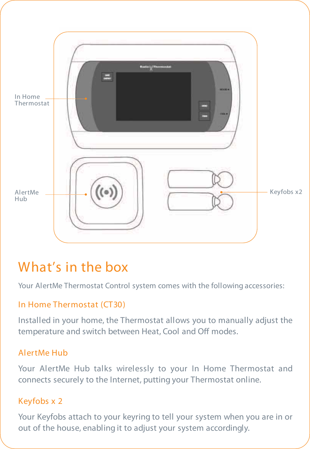 What’s in the boxYour AlertMe Thermostat Control system comes with the following accessories:In Home Thermostat (CT30)Installed in your home, the Thermostat allows you to manually adjust thetemperature and switch between Heat, Cool and O modes.AlertMe HubYour AlertMe Hub talks wirelessly to your In Home Thermostat andconnects securely to the Internet, putting your Thermostat online.Keyfobs x 2Your Keyfobs attach to your keyring to tell your system when you are in orout of the house, enabling it to adjust your system accordingly.Keyfobs x2In HomeThermostatAlertMeHub