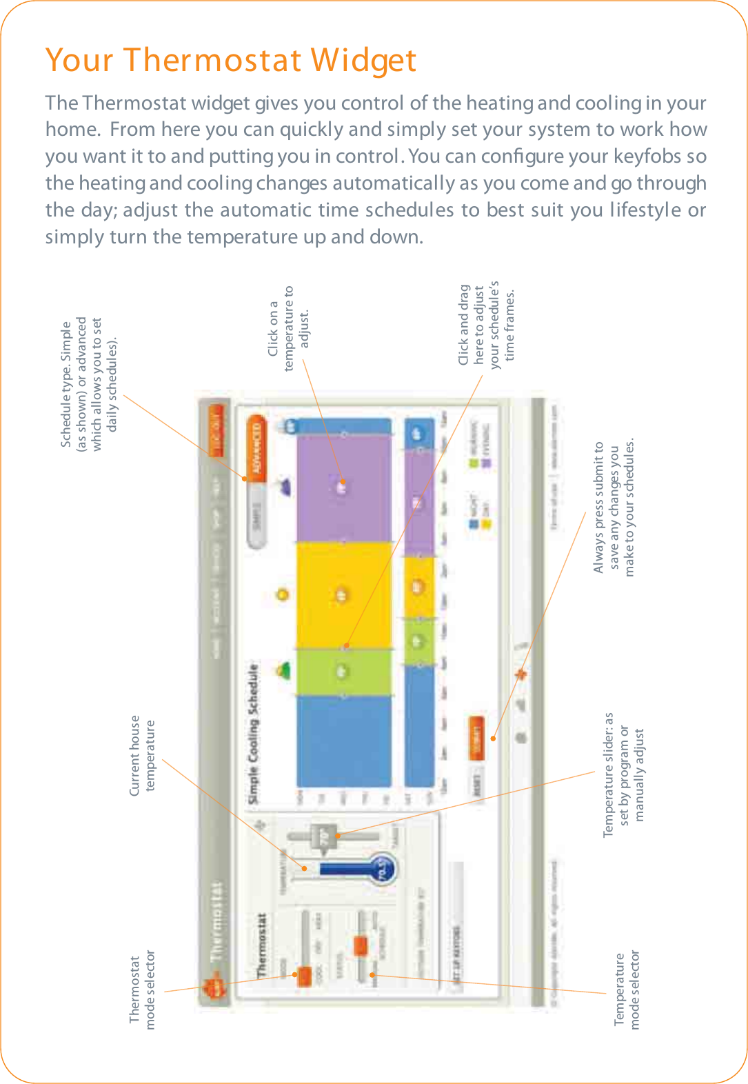 Your Thermostat WidgetThe Thermostat widget gives you control of the heating and cooling in yourhome.  From here you can quickly and simply set your system to work howyou want it to and putting you in control. You can conﬁgure your keyfobs sothe heating and cooling changes automatically as you come and go throughthe day; adjust the automatic time schedules to best suit you lifestyle orsimply turn the temperature up and down.Temperature mode selectorThermostatmode selectorCurrent housetemperatureTemperature slider: asset by program ormanually adjustClick and draghere to adjustyour schedule’stime frames.Click on atemperature toadjust.Schedule type. Simple(as shown) or advancedwhich allows you to setdaily schedules).Always press submit tosave any changes youmake to your schedules.