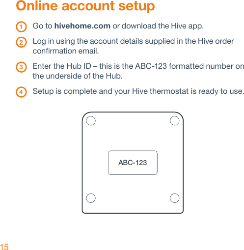 15Online account setup 1  Go to hivehome.com or download the Hive app. 2   Log in using the account details supplied in the Hive order confirmation email. 3   Enter the Hub ID – this is the ABC-123 formatted number on the underside of the Hub. 4   Setup is complete and your Hive thermostat is ready to use.ABC-123