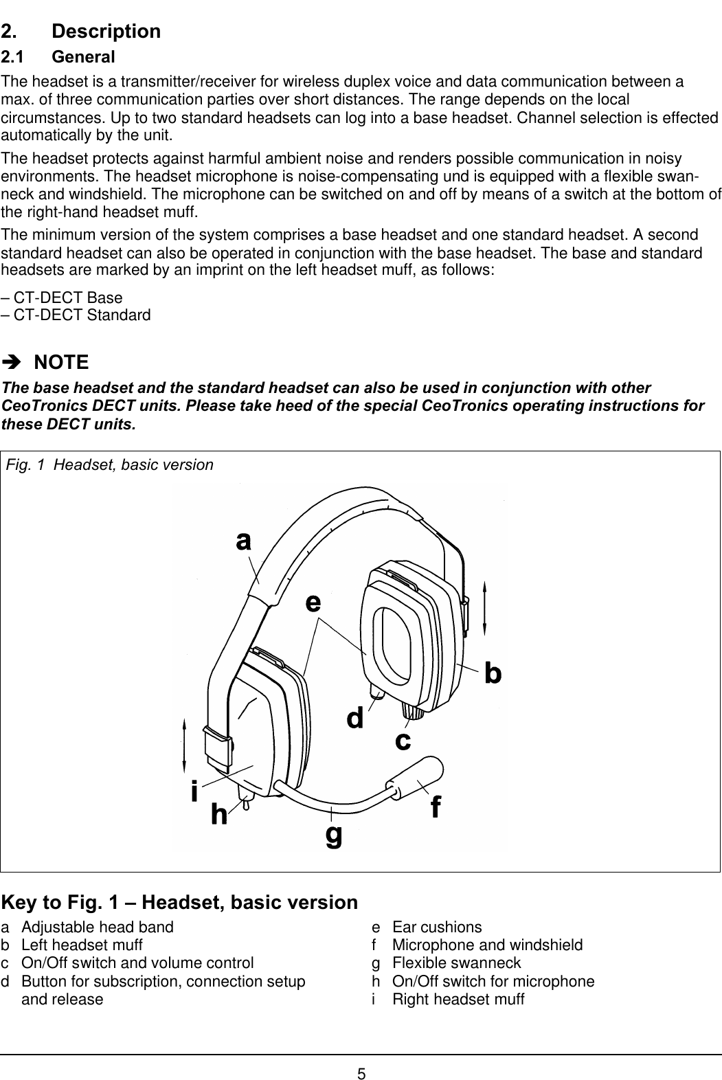 52. Description2.1 GeneralThe headset is a transmitter/receiver for wireless duplex voice and data communication between amax. of three communication parties over short distances. The range depends on the localcircumstances. Up to two standard headsets can log into a base headset. Channel selection is effectedautomatically by the unit.The headset protects against harmful ambient noise and renders possible communication in noisyenvironments. The headset microphone is noise-compensating und is equipped with a flexible swan-neck and windshield. The microphone can be switched on and off by means of a switch at the bottom ofthe right-hand headset muff.The minimum version of the system comprises a base headset and one standard headset. A secondstandard headset can also be operated in conjunction with the base headset. The base and standardheadsets are marked by an imprint on the left headset muff, as follows:– CT-DECT Base– CT-DECT Standardèè  NOTEThe base headset and the standard headset can also be used in conjunction with otherCeoTronics DECT units. Please take heed of the special CeoTronics operating instructions forthese DECT units.Fig. 1  Headset, basic versionKey to Fig. 1 – Headset, basic versionaAdjustable head bandbLeft headset muffcOn/Off switch and volume controldButton for subscription, connection setupand releaseeEar cushionsfMicrophone and windshieldgFlexible swanneckhOn/Off switch for microphoneiRight headset muff