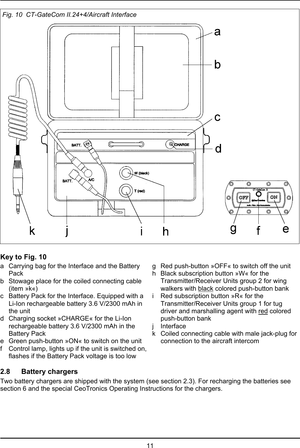 11Fig. 10  CT-GateCom II.24+4/Aircraft InterfaceKey to Fig. 10a Carrying bag for the Interface and the BatteryPackb Stowage place for the coiled connecting cable(item »k«)c Battery Pack for the Interface. Equipped with aLi-Ion rechargeable battery 3.6 V/2300 mAh inthe unitd Charging socket »CHARGE« for the Li-Ionrechargeable battery 3.6 V/2300 mAh in theBattery Packe Green push-button »ON« to switch on the unitf Control lamp, lights up if the unit is switched on,flashes if the Battery Pack voltage is too lowg Red push-button »OFF« to switch off the unith Black subscription button »W« for theTransmitter/Receiver Units group 2 for wingwalkers with black colored push-button banki Red subscription button »R« for theTransmitter/Receiver Units group 1 for tugdriver and marshalling agent with red coloredpush-button bankj Interfacek Coiled connecting cable with male jack-plug forconnection to the aircraft intercom2.8 Battery chargersTwo battery chargers are shipped with the system (see section 2.3). For recharging the batteries seesection 6 and the special CeoTronics Operating Instructions for the chargers. 