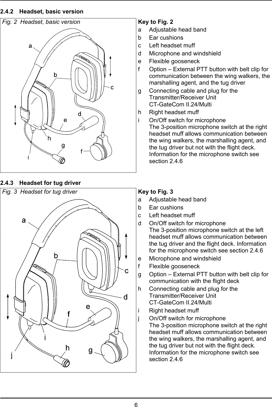 62.4.2 Headset, basic versionFig. 2  Headset, basic version Key to Fig. 2a Adjustable head bandb Ear cushionsc Left headset muffd Microphone and windshielde Flexible gooseneckf Option – External PTT button with belt clip forcommunication between the wing walkers, themarshalling agent, and the tug driverg Connecting cable and plug for theTransmitter/Receiver UnitCT-GateCom II.24/Multih Right headset muffi On/Off switch for microphoneThe 3-position microphone switch at the rightheadset muff allows communication betweenthe wing walkers, the marshalling agent, andthe tug driver but not with the flight deck.Information for the microphone switch seesection 2.4.62.4.3 Headset for tug driverFig. 3  Headset for tug driver Key to Fig. 3a Adjustable head bandb Ear cushionsc Left headset muffd On/Off switch for microphoneThe 3-position microphone switch at the leftheadset muff allows communication betweenthe tug driver and the flight deck. Informationfor the microphone switch see section 2.4.6e Microphone and windshieldf Flexible gooseneckg Option – External PTT button with belt clip forcommunication with the flight deckh Connecting cable and plug for theTransmitter/Receiver UnitCT-GateCom II.24/Multii Right headset muffj On/Off switch for microphoneThe 3-position microphone switch at the rightheadset muff allows communication betweenthe wing walkers, the marshalling agent, andthe tug driver but not with the flight deck.Information for the microphone switch seesection 2.4.6