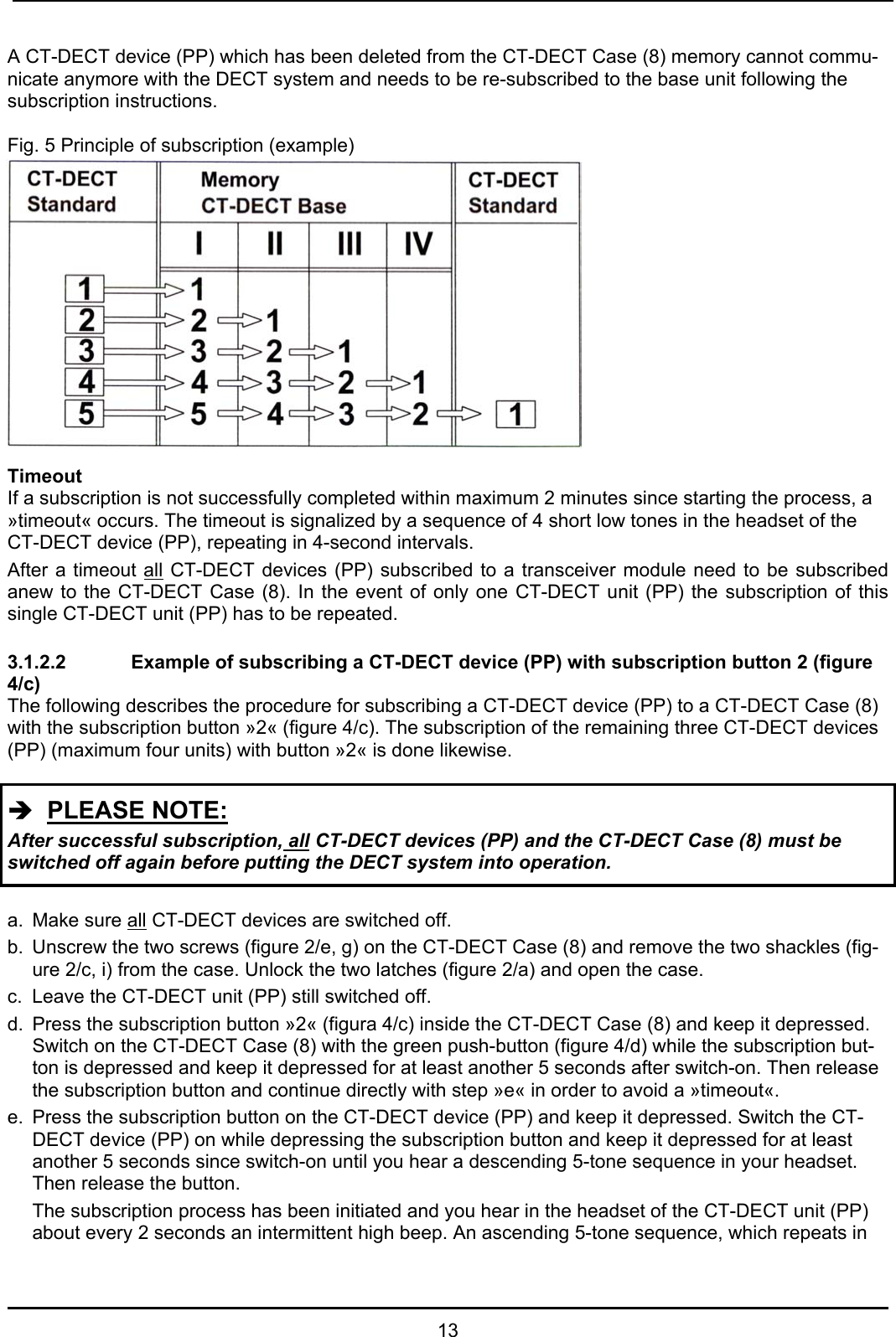  13 A CT-DECT device (PP) which has been deleted from the CT-DECT Case (8) memory cannot commu-nicate anymore with the DECT system and needs to be re-subscribed to the base unit following the subscription instructions.  Fig. 5 Principle of subscription (example)               Timeout If a subscription is not successfully completed within maximum 2 minutes since starting the process, a »timeout« occurs. The timeout is signalized by a sequence of 4 short low tones in the headset of the CT-DECT device (PP), repeating in 4-second intervals.  After a timeout all CT-DECT devices (PP) subscribed to a transceiver module need to be subscribed anew to the CT-DECT Case (8). In the event of only one CT-DECT unit (PP) the subscription of this single CT-DECT unit (PP) has to be repeated.   3.1.2.2   Example of subscribing a CT-DECT device (PP) with subscription button 2 (figure 4/c) The following describes the procedure for subscribing a CT-DECT device (PP) to a CT-DECT Case (8) with the subscription button »2« (figure 4/c). The subscription of the remaining three CT-DECT devices (PP) (maximum four units) with button »2« is done likewise.  Î  PLEASE NOTE: After successful subscription, all CT-DECT devices (PP) and the CT-DECT Case (8) must be switched off again before putting the DECT system into operation.   a.  Make sure all CT-DECT devices are switched off.  b.  Unscrew the two screws (figure 2/e, g) on the CT-DECT Case (8) and remove the two shackles (fig-ure 2/c, i) from the case. Unlock the two latches (figure 2/a) and open the case. c.  Leave the CT-DECT unit (PP) still switched off.  d.  Press the subscription button »2« (figura 4/c) inside the CT-DECT Case (8) and keep it depressed. Switch on the CT-DECT Case (8) with the green push-button (figure 4/d) while the subscription but-ton is depressed and keep it depressed for at least another 5 seconds after switch-on. Then release the subscription button and continue directly with step »e« in order to avoid a »timeout«. e.  Press the subscription button on the CT-DECT device (PP) and keep it depressed. Switch the CT-DECT device (PP) on while depressing the subscription button and keep it depressed for at least another 5 seconds since switch-on until you hear a descending 5-tone sequence in your headset. Then release the button.  The subscription process has been initiated and you hear in the headset of the CT-DECT unit (PP) about every 2 seconds an intermittent high beep. An ascending 5-tone sequence, which repeats in 