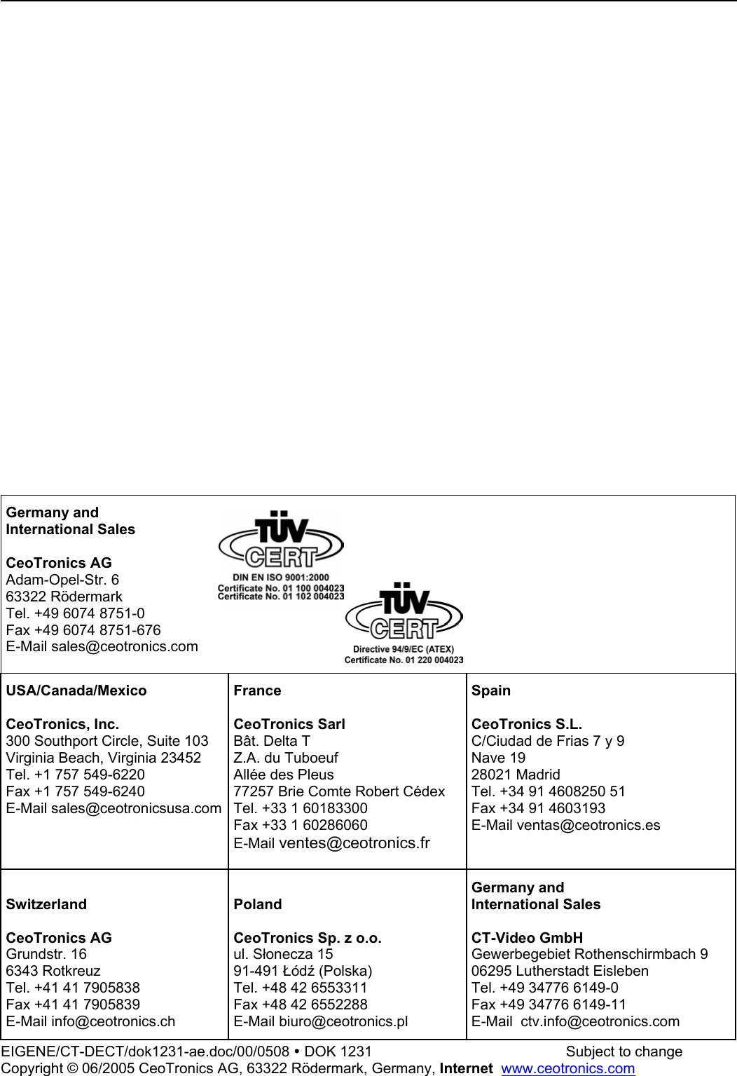                               Germany and International Sales  CeoTronics AG Adam-Opel-Str. 6 63322 Rödermark Tel. +49 6074 8751-0 Fax +49 6074 8751-676 E-Mail sales@ceotronics.com   USA/Canada/Mexico  CeoTronics, Inc. 300 Southport Circle, Suite 103 Virginia Beach, Virginia 23452 Tel. +1 757 549-6220 Fax +1 757 549-6240 E-Mail sales@ceotronicsusa.comFrance  CeoTronics Sarl Bât. Delta T Z.A. du Tuboeuf Allée des Pleus 77257 Brie Comte Robert Cédex Tel. +33 1 60183300 Fax +33 1 60286060 E-Mail ventes@ceotronics.fr  Spain  CeoTronics S.L. C/Ciudad de Frias 7 y 9  Nave 19 28021 Madrid Tel. +34 91 4608250 51 Fax +34 91 4603193 E-Mail ventas@ceotronics.es  Switzerland  CeoTronics AG Grundstr. 16 6343 Rotkreuz Tel. +41 41 7905838 Fax +41 41 7905839 E-Mail info@ceotronics.ch  Poland  CeoTronics Sp. z o.o. ul. Słonecza 15 91-491 Łódź (Polska) Tel. +48 42 6553311 Fax +48 42 6552288 E-Mail biuro@ceotronics.pl Germany and International Sales  CT-Video GmbH Gewerbegebiet Rothenschirmbach 9 06295 Lutherstadt Eisleben Tel. +49 34776 6149-0 Fax +49 34776 6149-11 E-Mail  ctv.info@ceotronics.com EIGENE/CT-DECT/dok1231-ae.doc/00/0508 y DOK 1231                  Subject to change Copyright © 06/2005 CeoTronics AG, 63322 Rödermark, Germany, Internet  www.ceotronics.com 