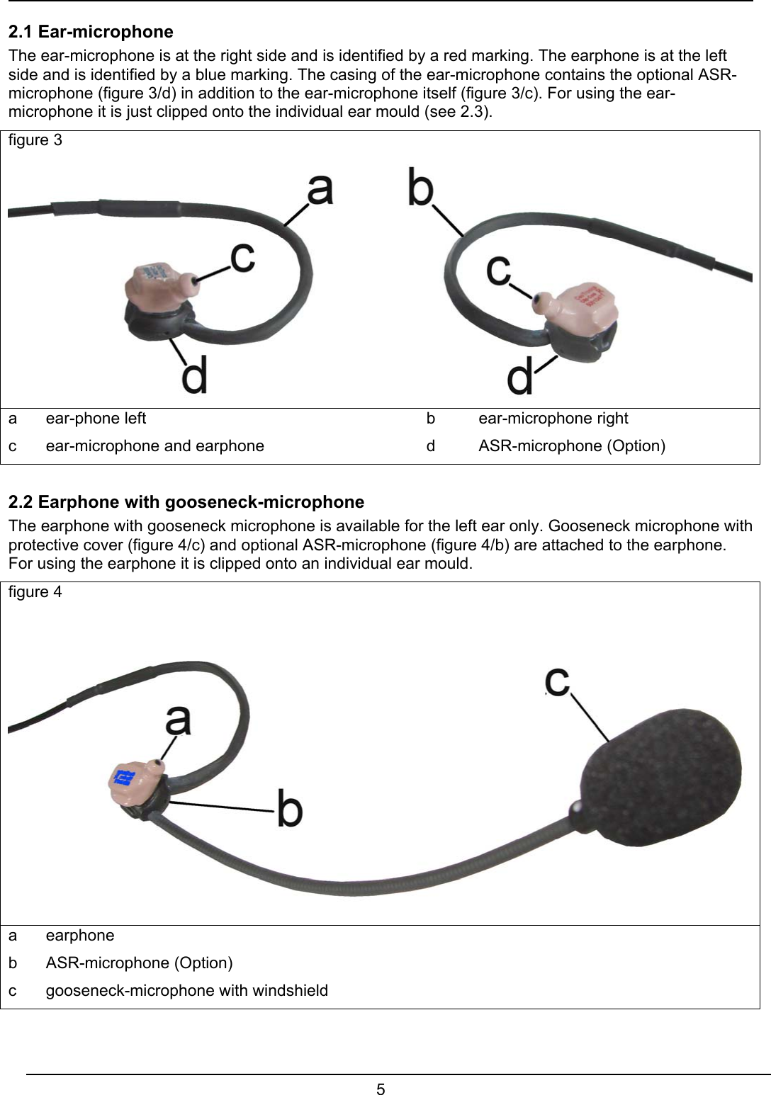  5  2.1 Ear-microphone The ear-microphone is at the right side and is identified by a red marking. The earphone is at the left side and is identified by a blue marking. The casing of the ear-microphone contains the optional ASR-microphone (figure 3/d) in addition to the ear-microphone itself (figure 3/c). For using the ear-microphone it is just clipped onto the individual ear mould (see 2.3). figure 3         a ear-phone left      b ear-microphone right c ear-microphone and earphone    d ASR-microphone (Option)  2.2 Earphone with gooseneck-microphone The earphone with gooseneck microphone is available for the left ear only. Gooseneck microphone with protective cover (figure 4/c) and optional ASR-microphone (figure 4/b) are attached to the earphone. For using the earphone it is clipped onto an individual ear mould. figure 4        a earphone     b ASR-microphone (Option) c  gooseneck-microphone with windshield  